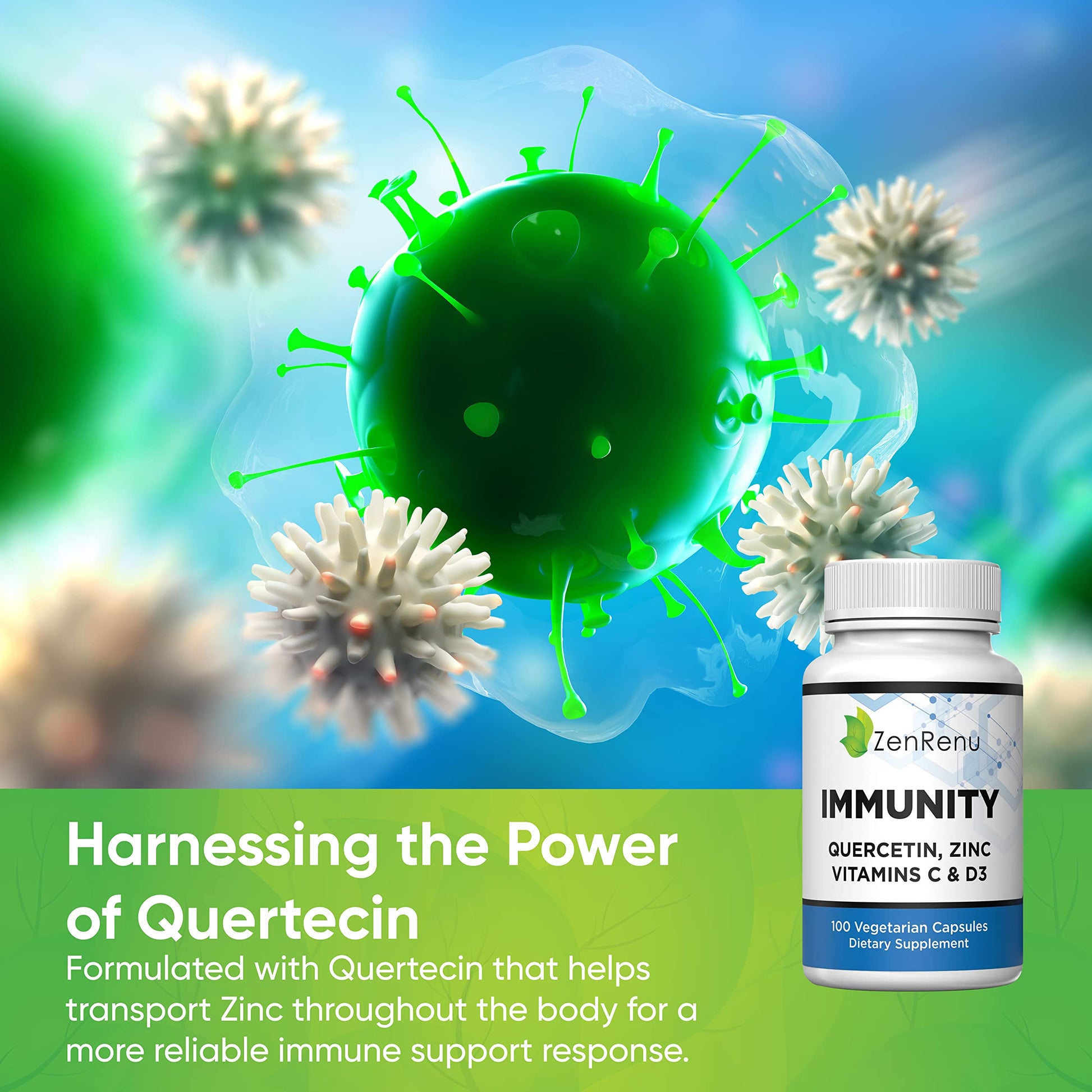 Zenrenu Immunity Quercetin 700 mg Zinc Vitamin C Vitamin D Immune Support Supplement with Curcumin - Easy to Absorb Immunity Supplement, 100 Vegetarian Capsules 50 Day Supply ZenrenuAu supplements