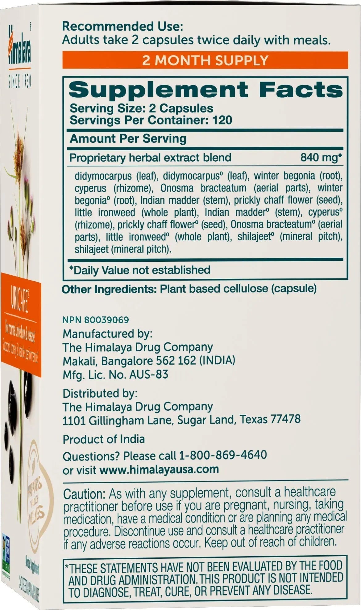 Himalaya UriCare Herbal Supplement, Kidney & Bladder Support, Urinary Tract & Urine Flow Support, Caffeine Free, Non-GMO, Gluten Free, Vegetarian, 240 Capsules, 60 Day Supply HimalayaAu supplements