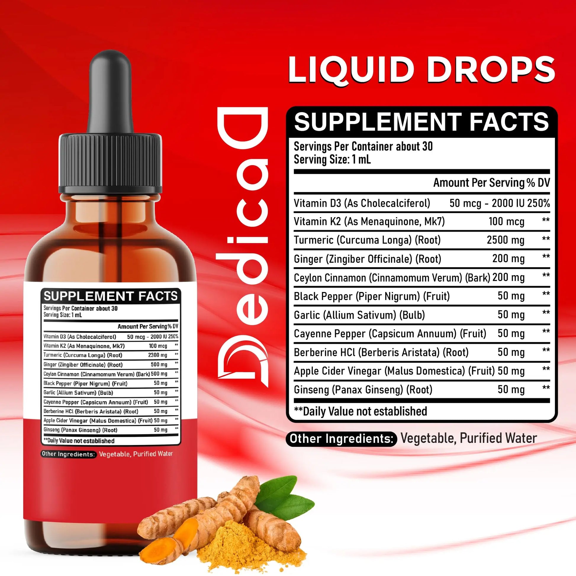 11in1 Liquid Turmeric Supplement – with Ginger, Garlic, Ceylon Cinnamon, Berberine, Ginseng, Apple Cider Vinegar – 1 Fl Oz – 30 Servings DEDICADnz supplements