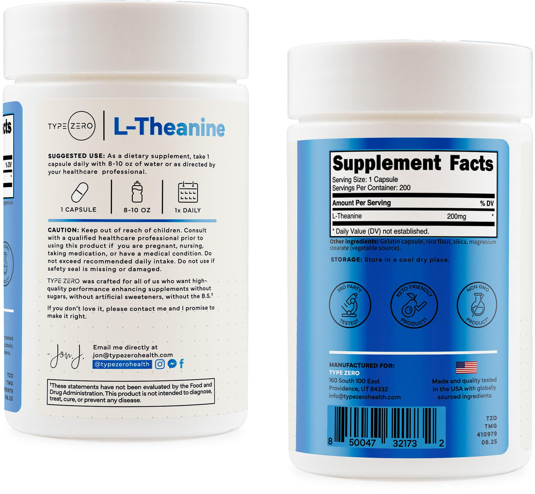 Type Zero L-Theanine (200mg) 200 Capsules - Clean L-Theanine Supplement, Keto, GMO-Free Type ZeroUS supplements