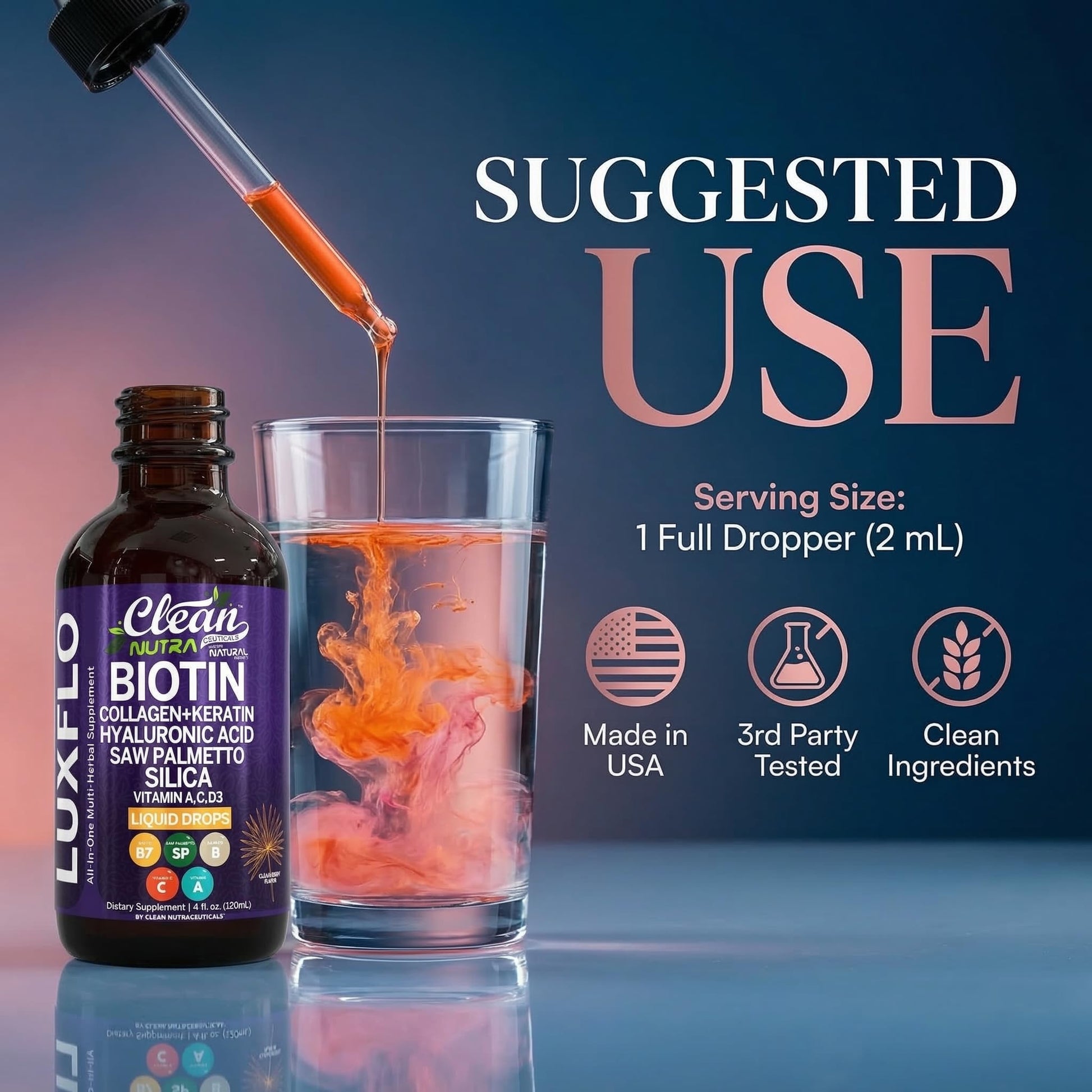 Liquid Biotin & Collagen Keratin Hyaluronic Acid Saw Palmetto Drops Vitamins for Hair Growth Support Silica Vitamin A C D Bamboo Turmeric Zinc Folate Magnesium Horsetail LuxFlo By Clean Nutra Clean NutraceuticalsAu supplements