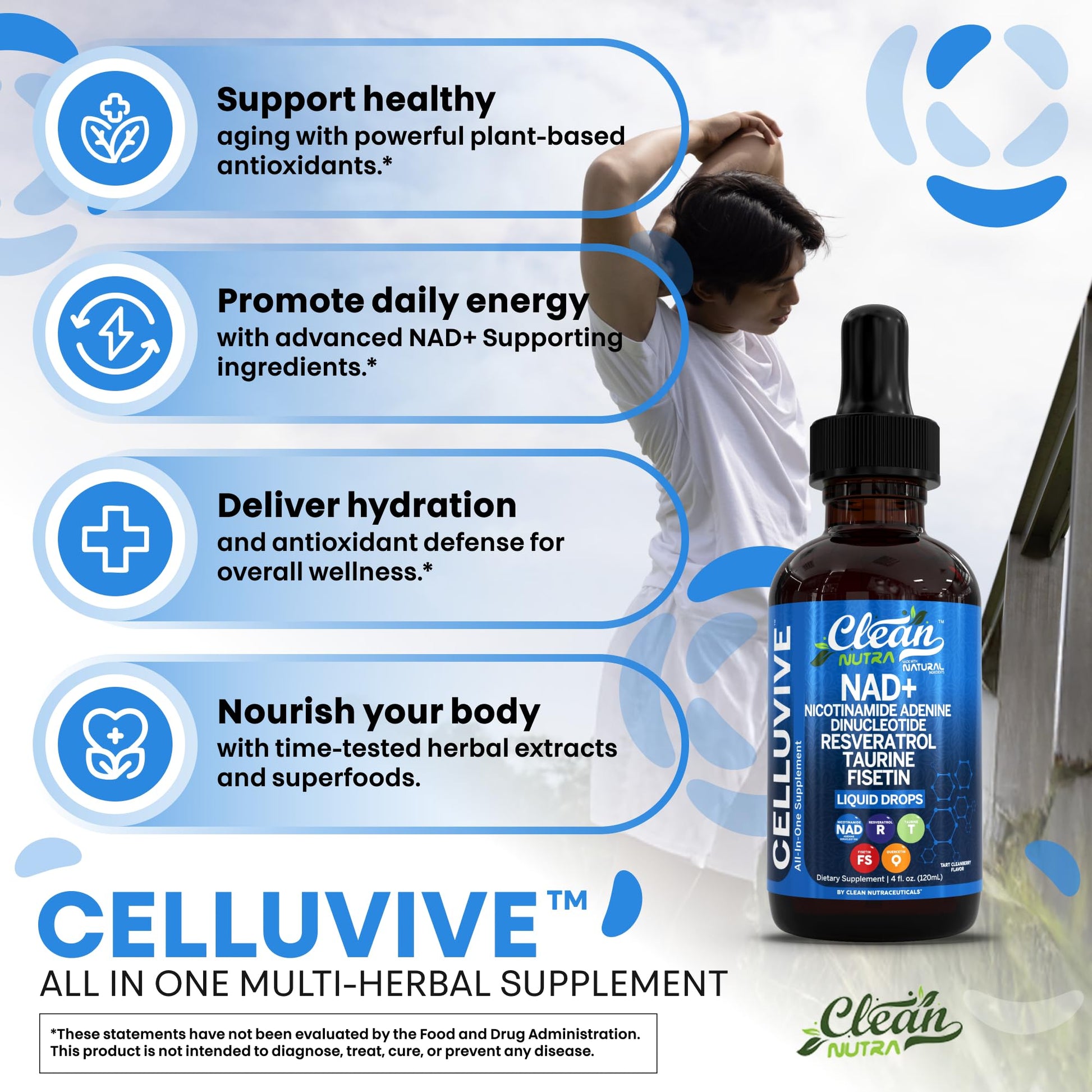 Clean Nutra NAD Liquid Supplement Drops Resveratrol Polyphenols Liposomal Taurine Fisetin Grape Seed Extract Japanese Knotweed Fo Ti Anti Aging NAD+ Nicotinamide Adenine Dinucleotide for Women & Men Clean NutraceuticalsAu supplements