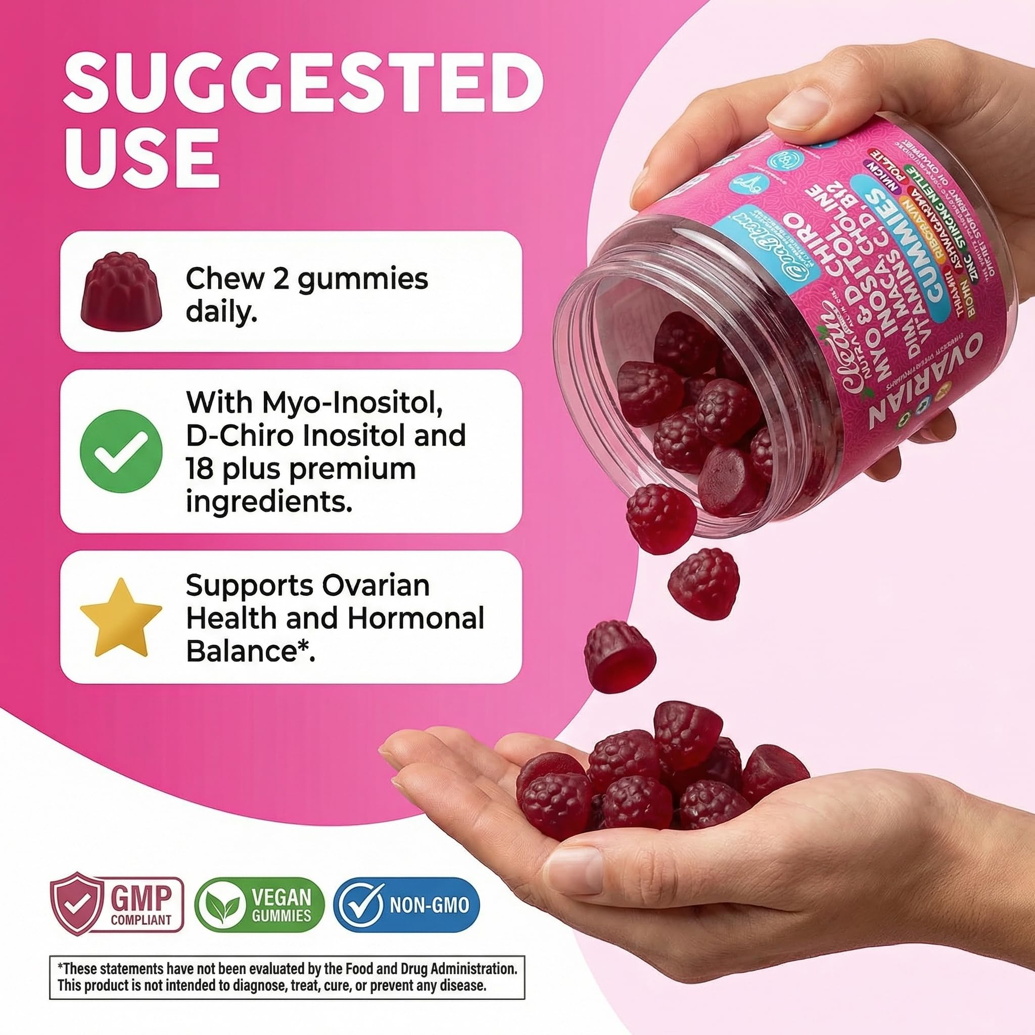 OVA Bloom Ovarian Support Gummies Myo Inositol D-Chiro Inositol Choline Flax Biotin Riboflavin Thiamin Niacin Ashwagandha DIM Maca Root Vitamin C D3 B12 Zinc 60 Count By Clean Nutra Clean NutraceuticalsAu supplements