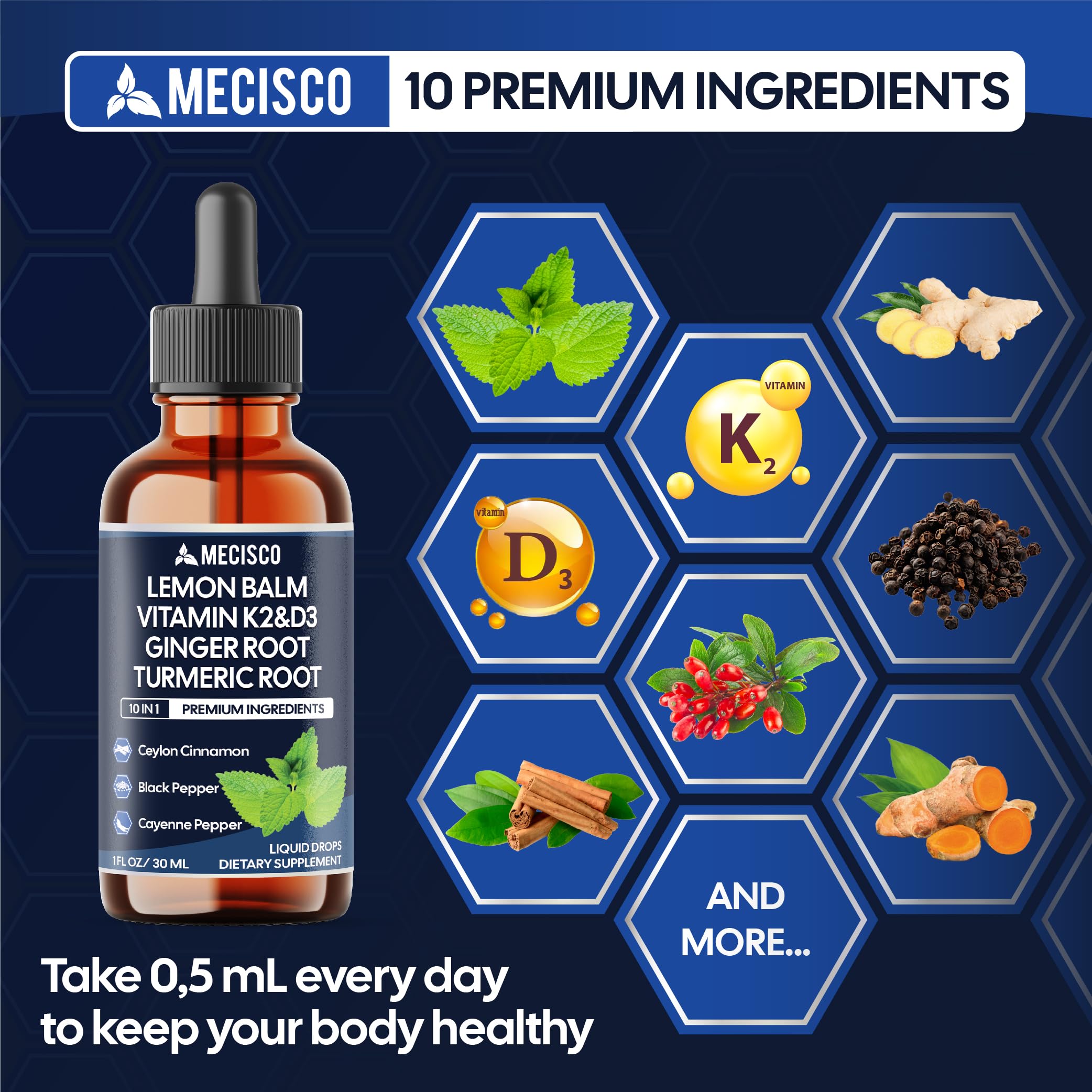 10in1 Lemon Balm Liquid Drops Blend Includes Vitamin D3, Vitamin K2, Lemon Balm, Ginger, Turmeric, Ceylon Cinnamon, Black Pepper, Cayenne Pepper, Berberine, Valerian Root - 1 FL Oz - 2 Month Supply MeciscoAu supplements