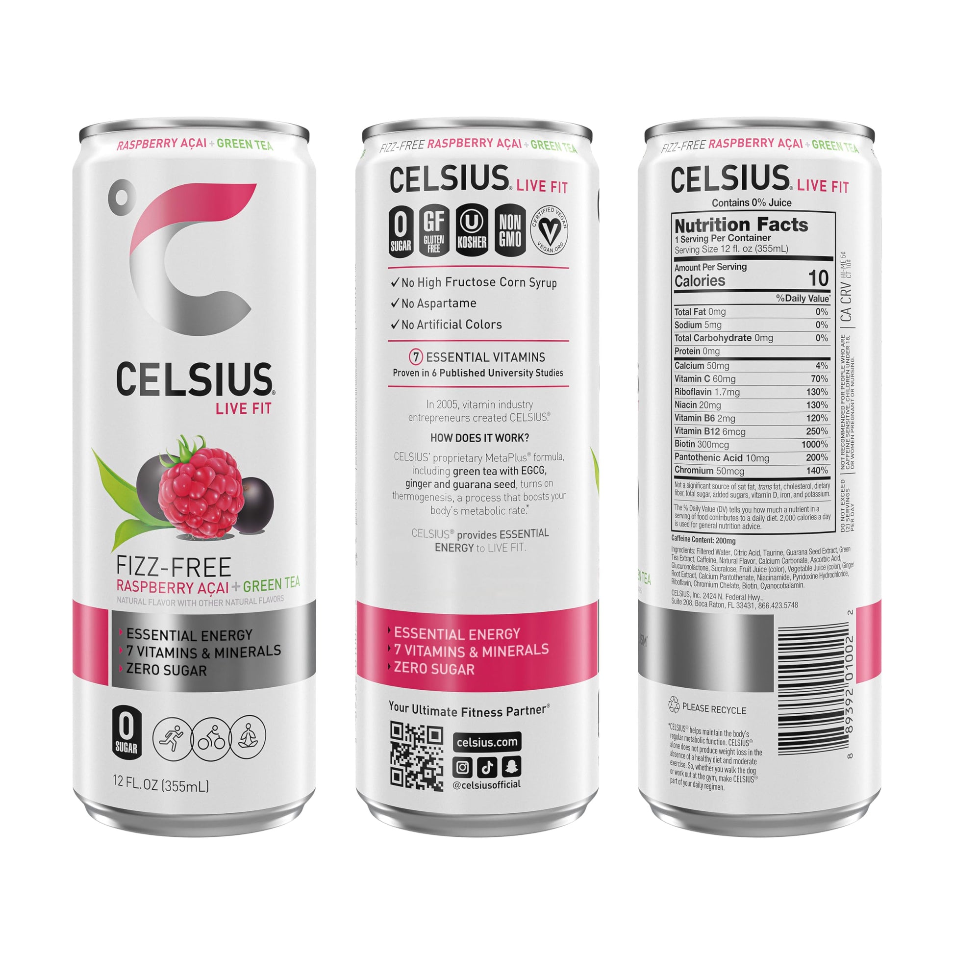 CELSIUS Raspberry Acai Green Tea, Functional Essential Energy Drink 12 Fl Oz (Pack of 12) Packaging may vary CELSIUSUS supplements