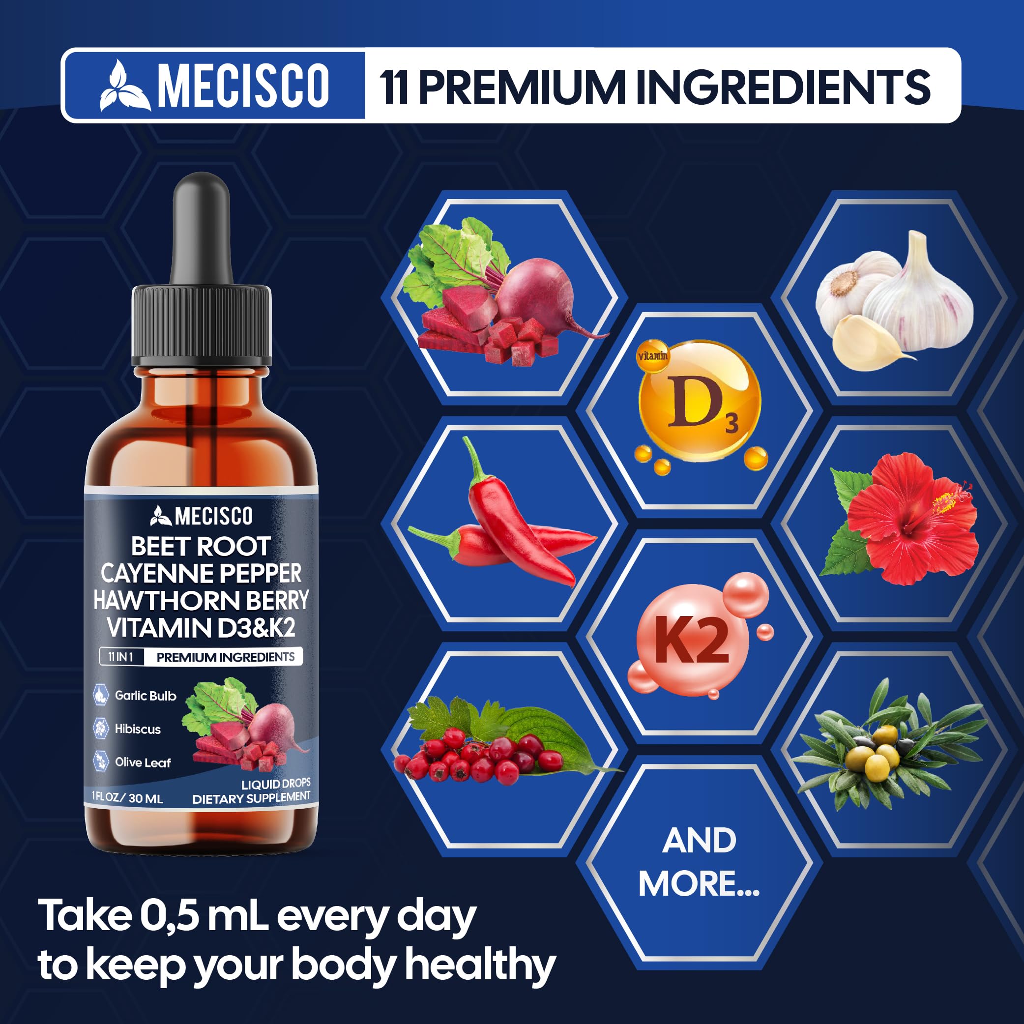 11in1 Beet Root Liquid Drops - Support Overall Wellness - with Vitamin D3, Vitamin K2, Hawthorn Berry, Cayenne Pepper, Garlic, Hibiscus, Olive, Red Spinach, Green Tea - 1 FL Oz - 60 Day Supply MeciscoAu supplements
