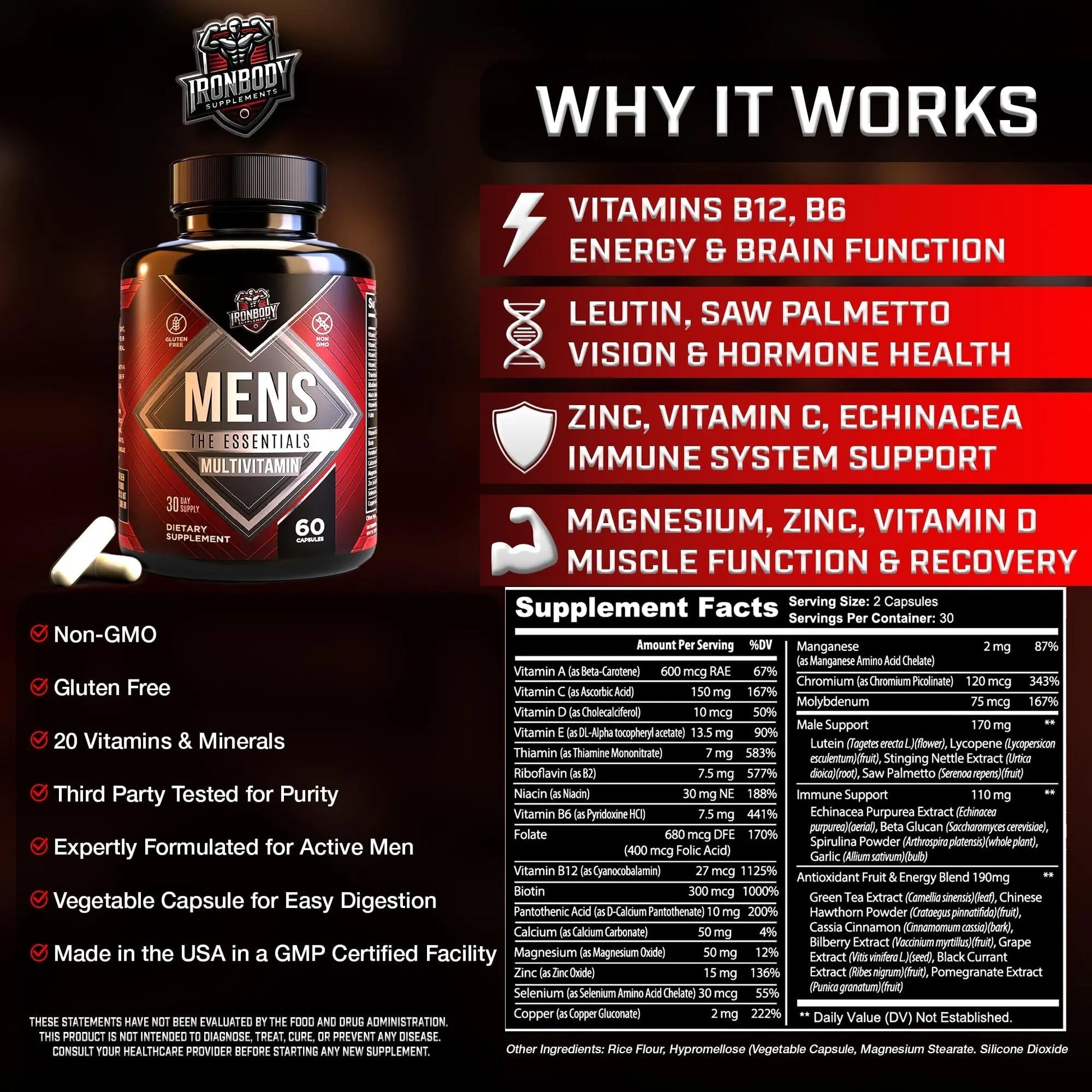 IronBody Supplements, Multivitamin for Men, Vitamins A, B, C, D, E, Zinc. Immune Support, Antioxidant Fruit and Energy Blend. 60 Capsules IronBody SupplementsAu supplements