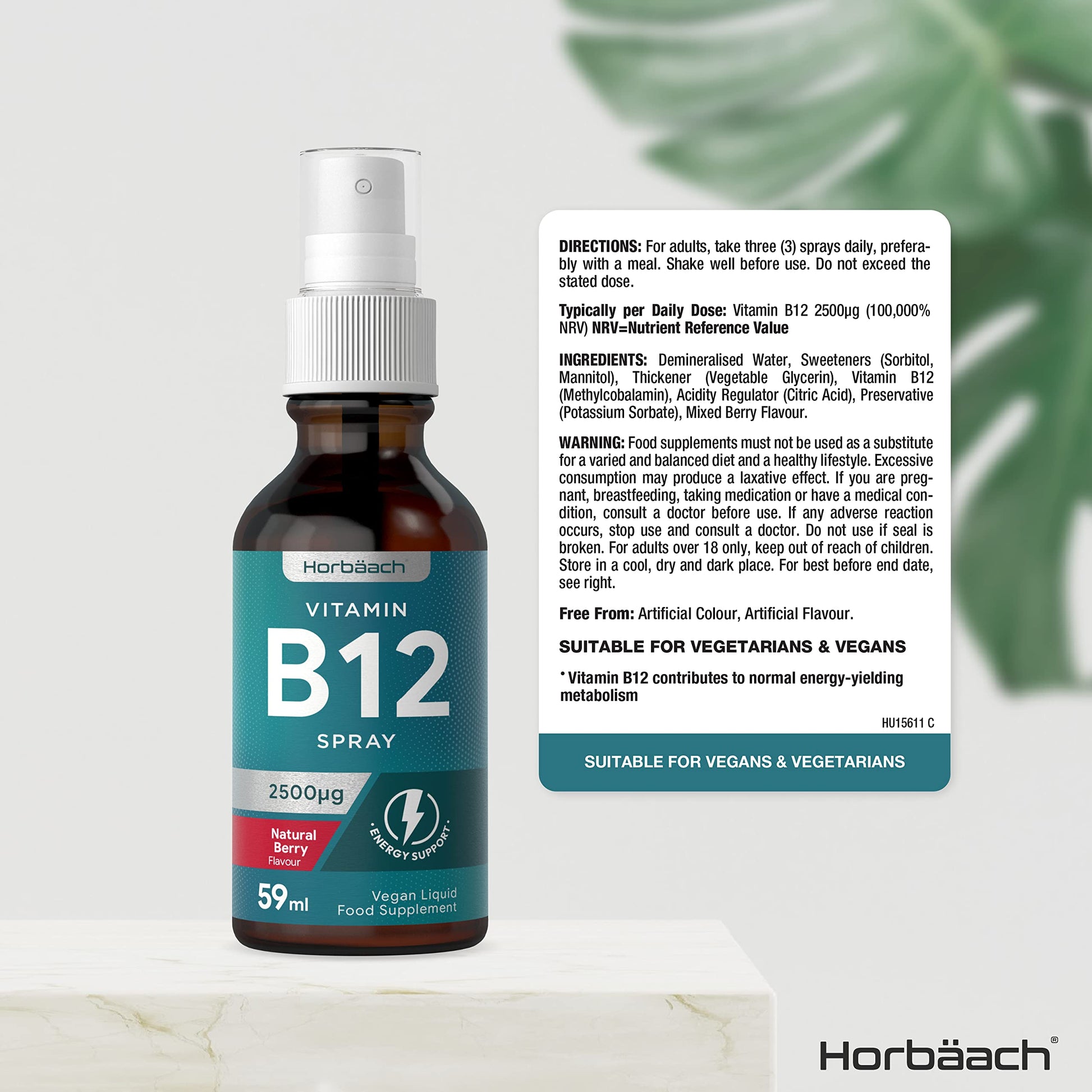 Vitamin B12 Spray 2500mcg | 59ml | High Strength Supplement | Natural Berry Flavour HorbäachUS supplements