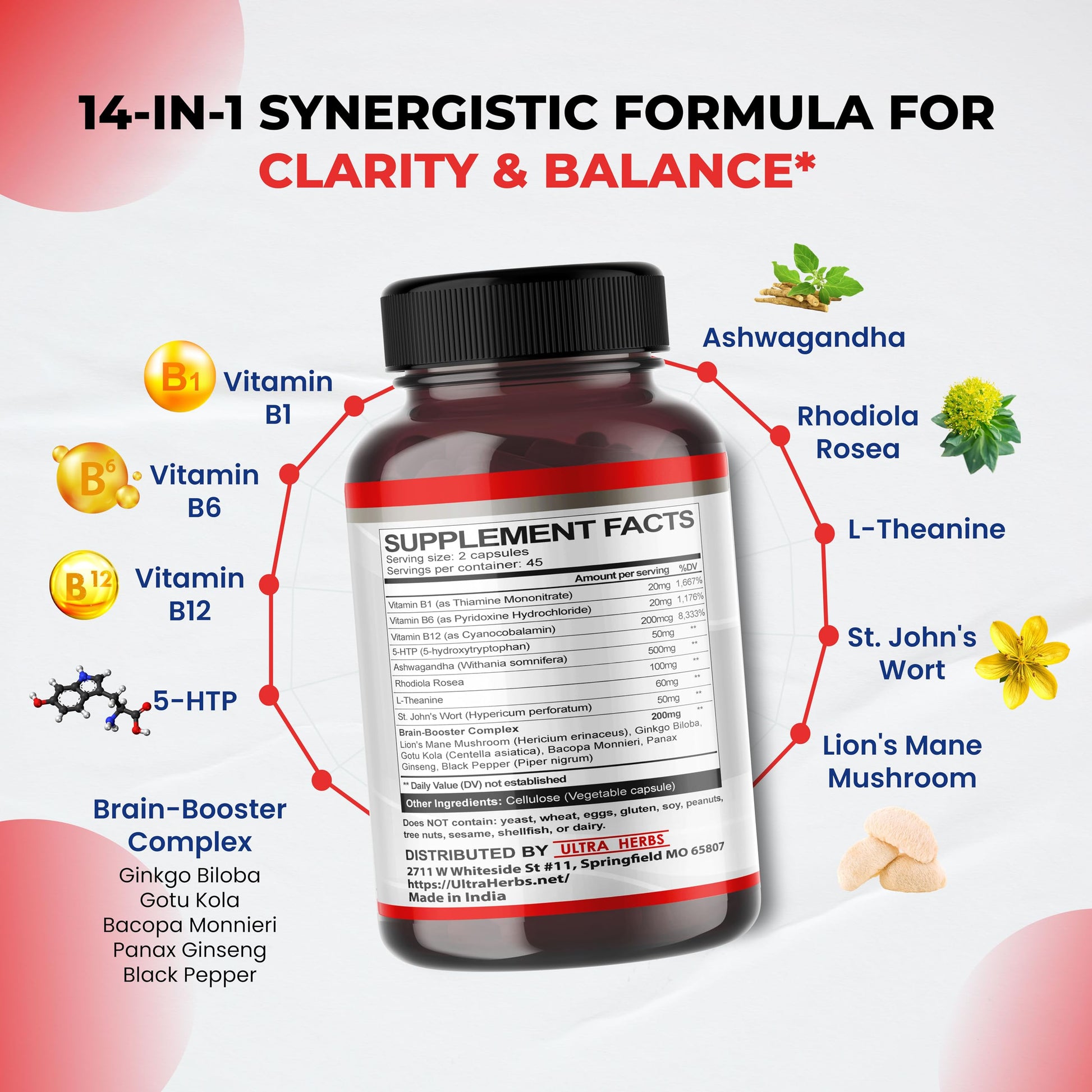 Dopamine Focus Supplement Ashwagandha 5-HTP Rhodiola Rosea St. John's Wort - Increase Memory Clarity Focus Restore Relax with VIT B1, B6, B12, L-Theanine ULTRA HERBSAu supplements