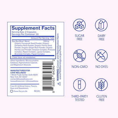 Love Wellness Bye Bye Bloat | Digestive Enzymes for Fast Acting Bloating Relief for Women | Helps Reduce Water Retention & Gas Relief | Supports Digestive Health Love WellnessUS supplements