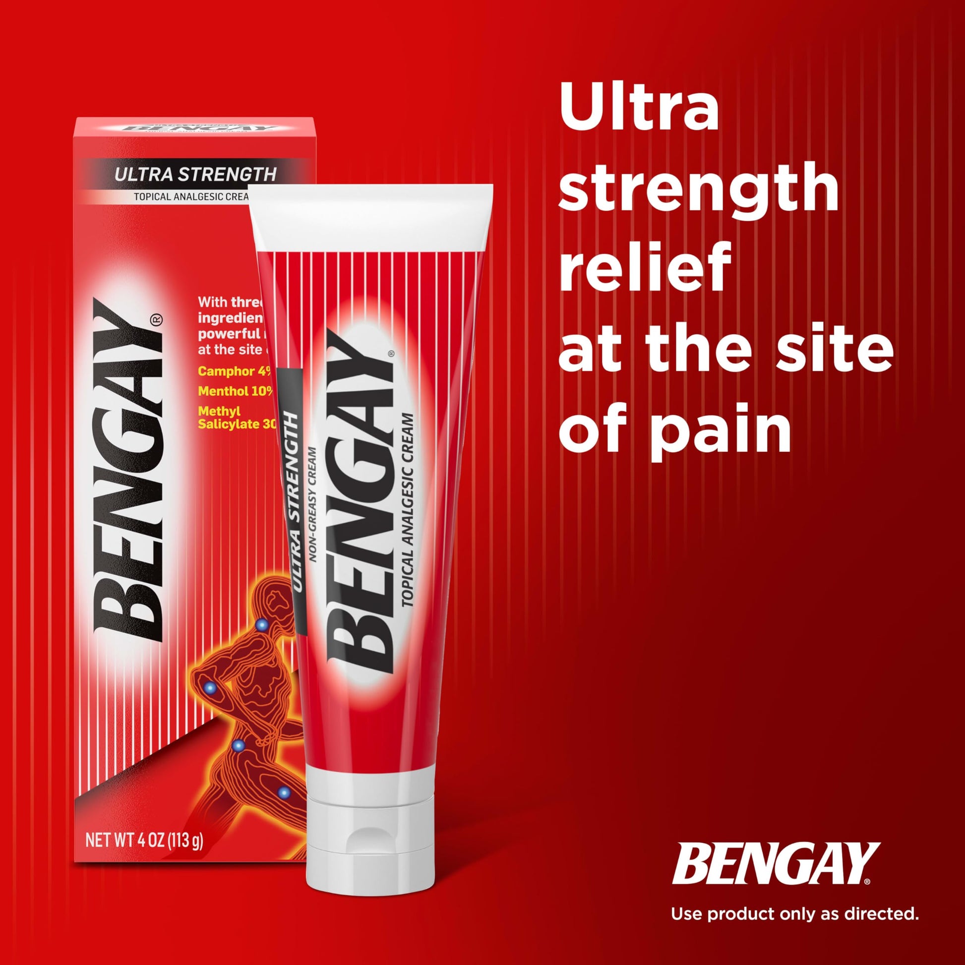 Bengay Ultra Strength Topical Pain Relief Cream, Non-Greasy Topical Analgesic for Minor Arthritis, Muscle, Joint and Back Pain, Camphor, Menthol and Methyl Salicylate, 4 OZ BengayAu supplements