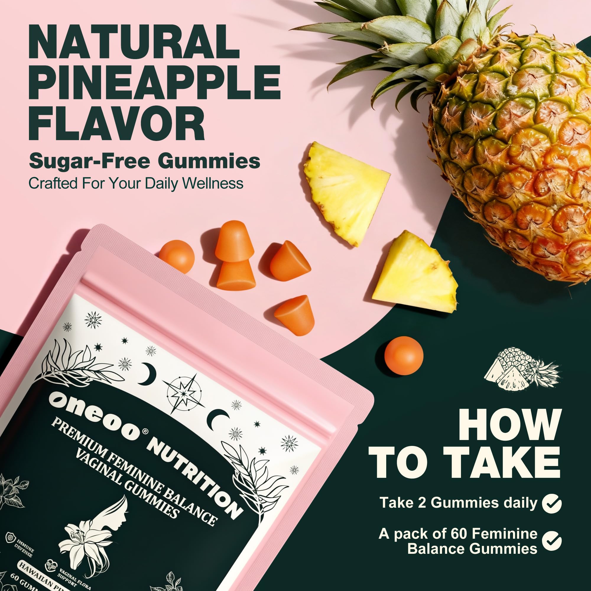 Oneoo Feminine Balance Gummies - Premium Balance Gummies for Women's pH Health, Feminine Gummy for Immune & Energy Support, Vegan, Gluten-Free, Hawaiian Pineapple, 60 Count OneooAu supplements