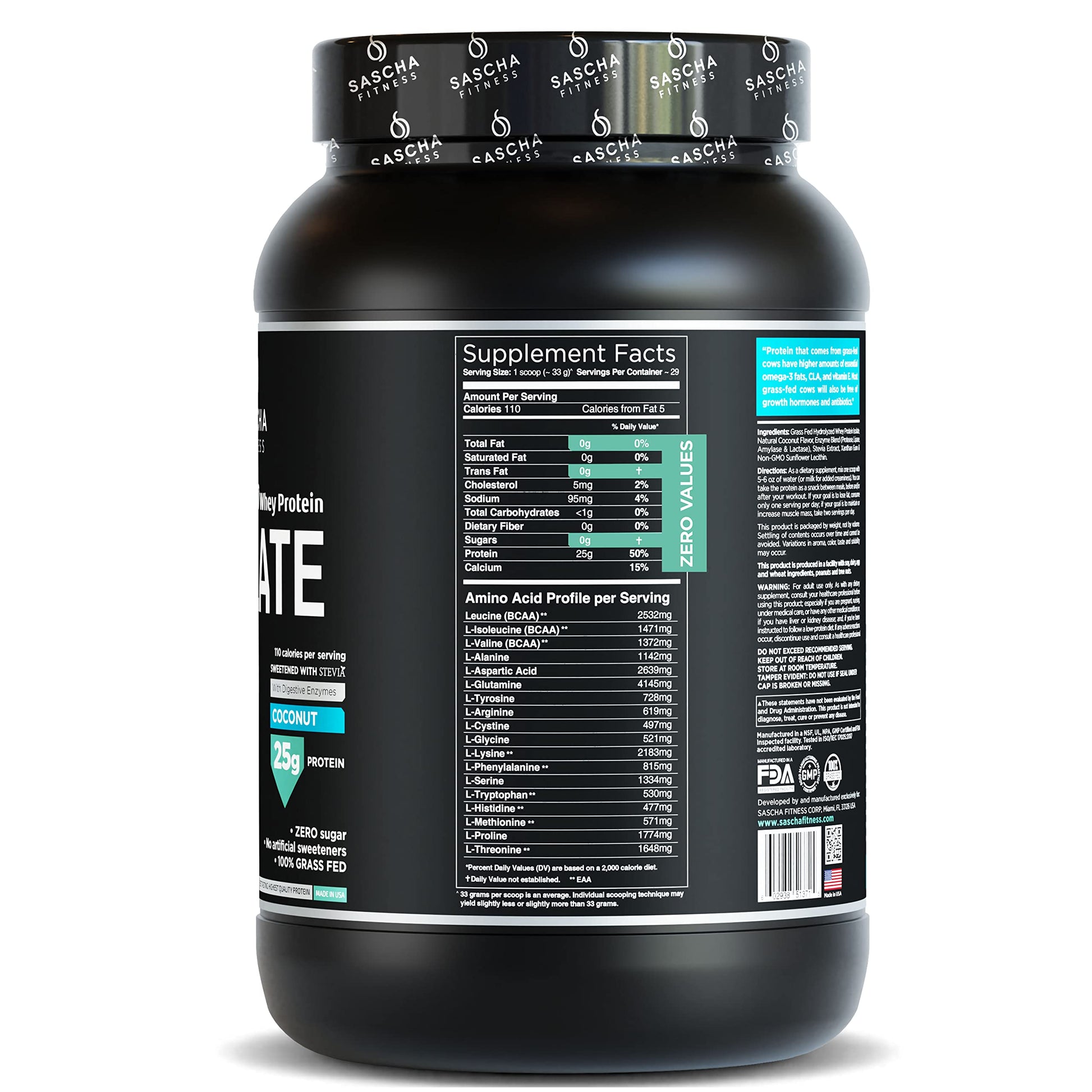 SASCHA FITNESS Hydrolyzed Whey Protein Isolate,100% Grass-Fed (2 Pounds, Coconut) SASCHA FITNESSUS supplements