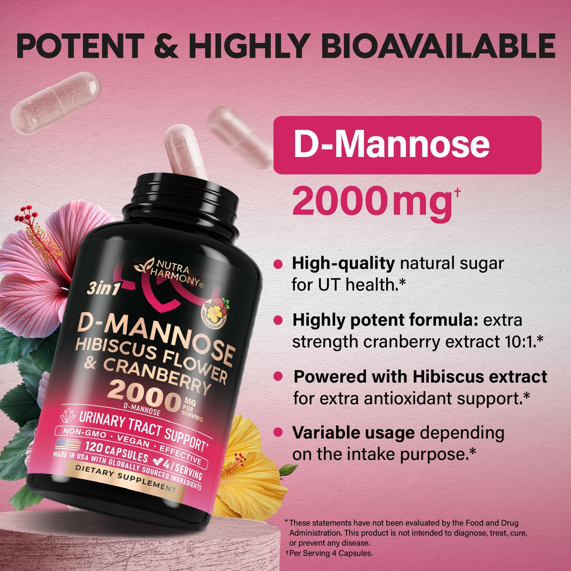 D-Mannose 2000mg with Cranberry & Hibiscus - Clinically Tested Strength for Urinary Tract Health - Supplement for Women - Bladder, Liver & Microflora Support - Made in USA - Vegan, 120 Capsules NUTRAHARMONYAu supplements