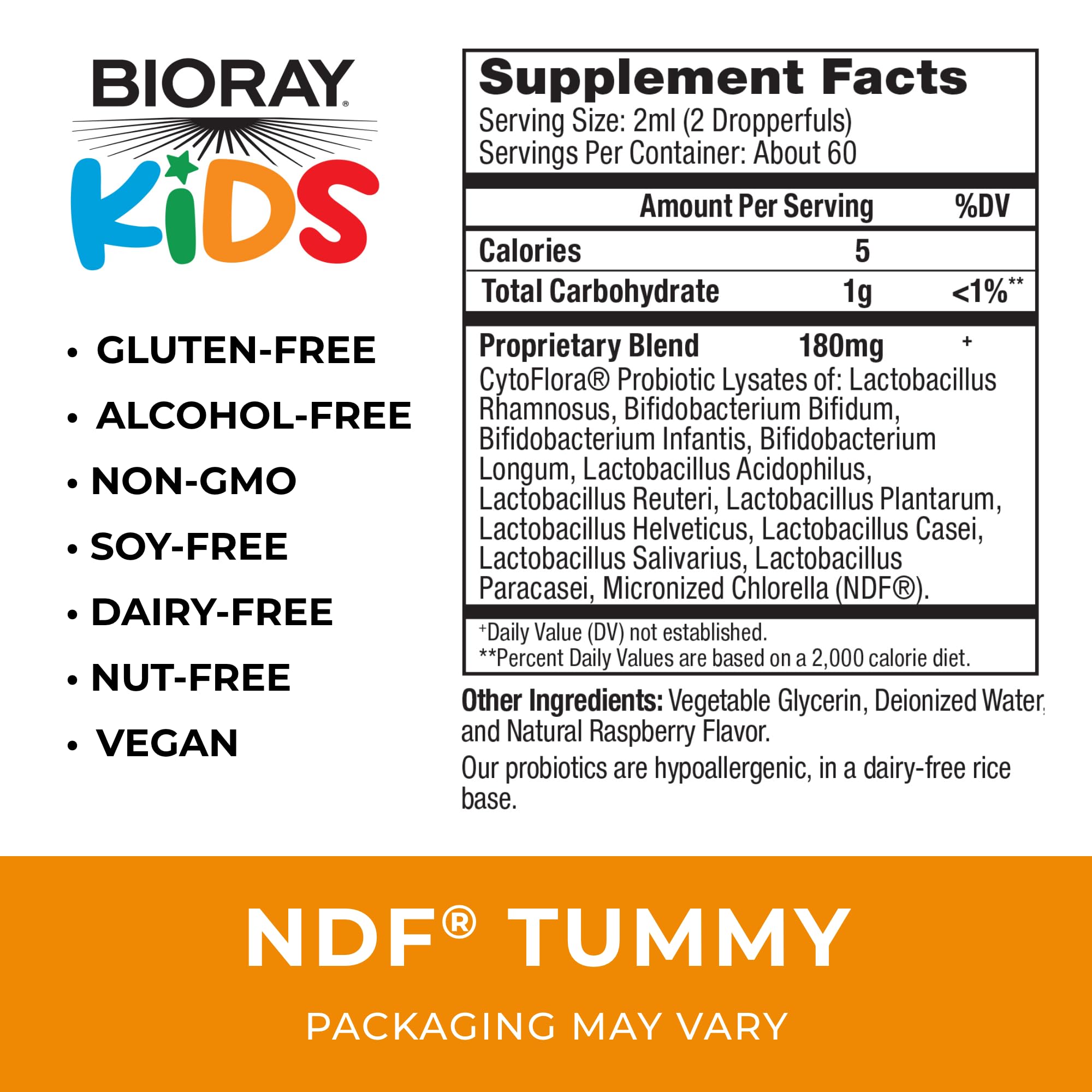 BIORAY Kids NDF Tummy, Raspberry - 4 fl oz (120 mL) - 11-Strain Probiotic Blend - Supports the Immune Response in the GI Tract - Non-GMO, Vegan, Gluten Free - Approx. 120 Servings BIORAYAu supplements