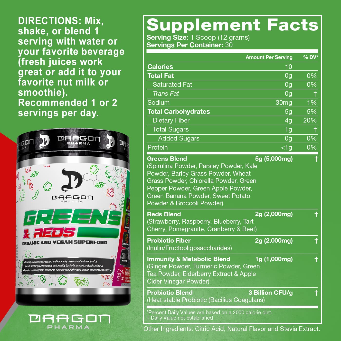 DRAGON PHARMA Greens and Reds, Over 23 Nutritious Superfoods, Reds and Vegetables, Optimal Health and Wellness (30 Servings, Original) DRAGON PHARMAAu supplements