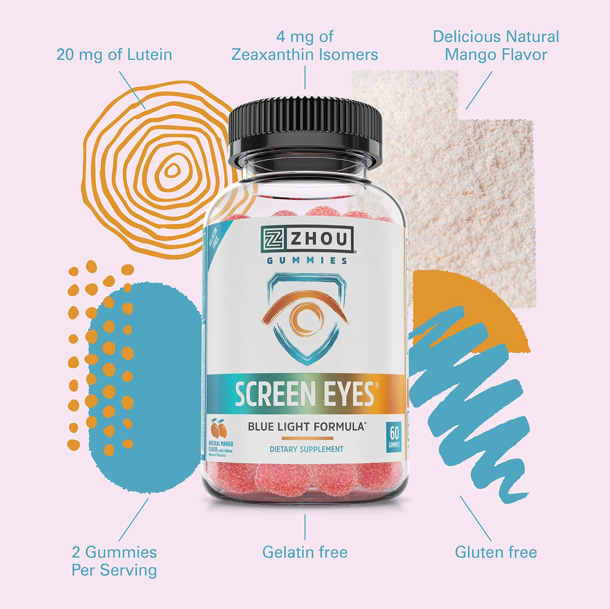Zhou Screen Eyes Gummies - Lutein Gummies for Eye Health, Lutein and Zeaxanthin for Adults & Kids, Supports Eyesight, Blue Light Vision Health Formula - 60 Count ZHOUAu supplements