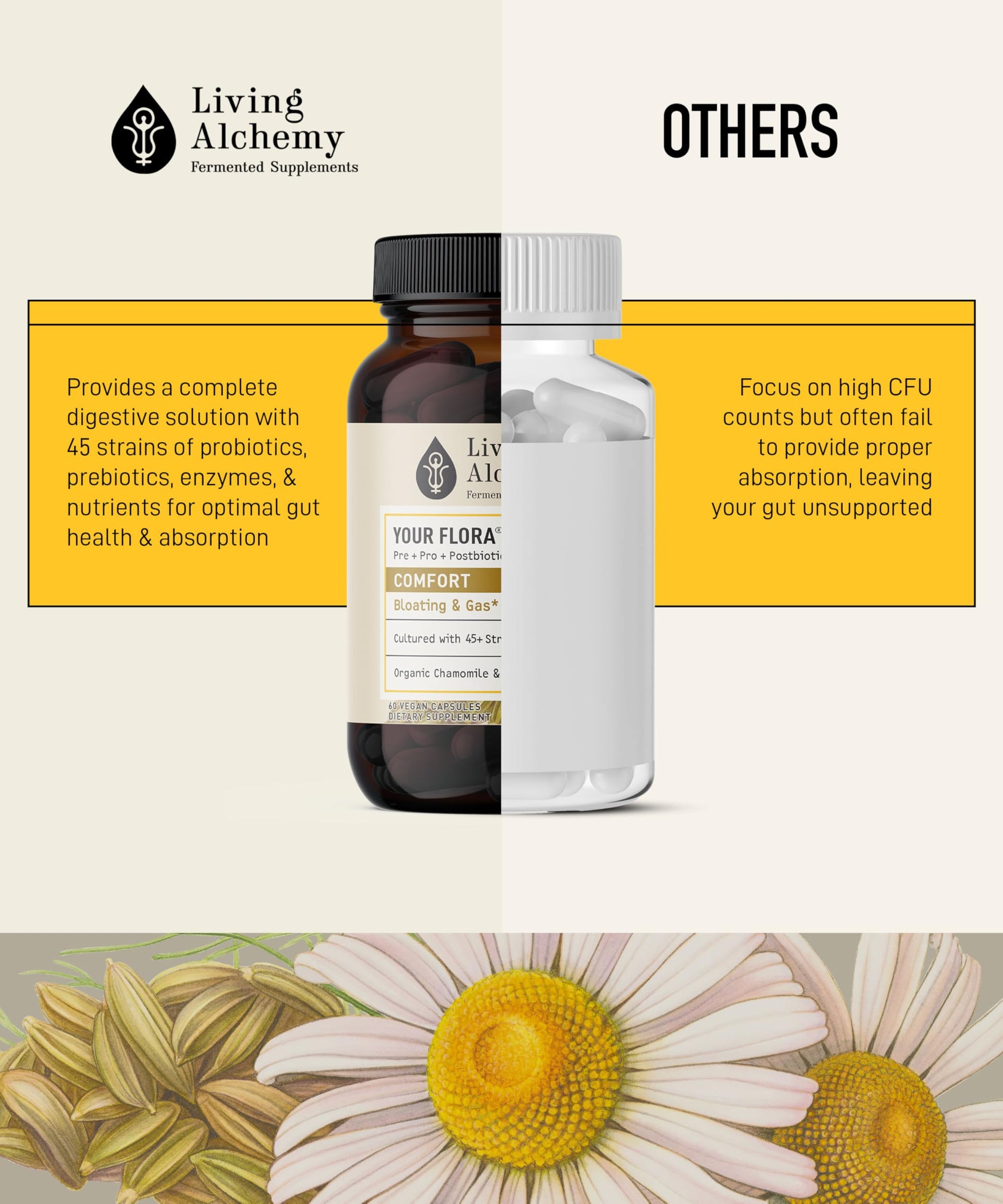 Your Flora Probiotic Comfort – Non-GMO Probiotics with Fermented Soybean, Chamomile, Fennel, Prebiotics, Digestive Enzymes for Digestion & Bloating – Prebiotics, Postbiotics – Living Alchemy, 60 Pcs Living AlchemyAu supplements