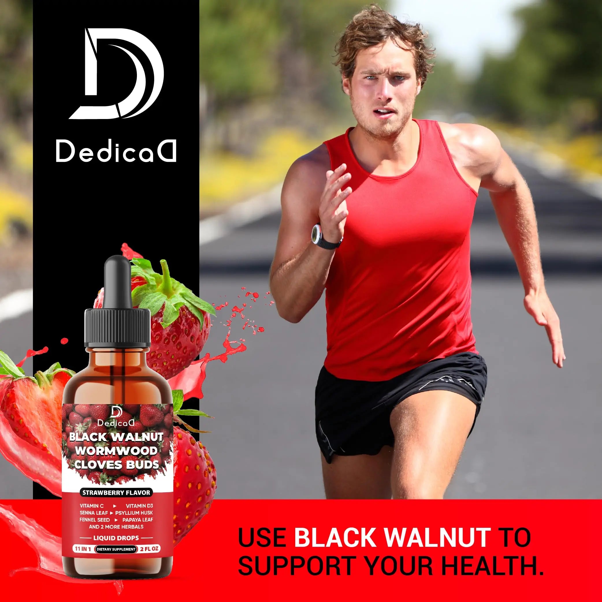 DEDICAD 11in1 Black Walnut Wormwood Cloves Liquid Drops with Cloves Buds, Senna Leaf, Psyllium Husk, Fennel Seed, Papaya Leaf and More - 2 oz Fl - 60 Days - Strawberry Flavor DEDICADnz supplements