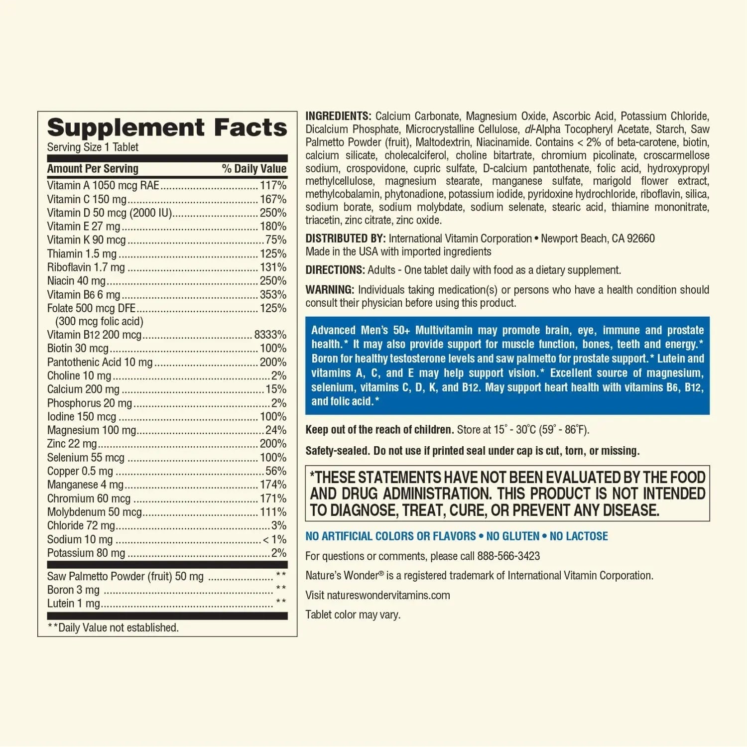 Nature's Wonder Advanced Men's 50+ Multivitamin/Multimineral Supplement with Vitamin D3 and B Vitamins 120 Tablets, 120 Day Supply Nature's WonderAu supplements