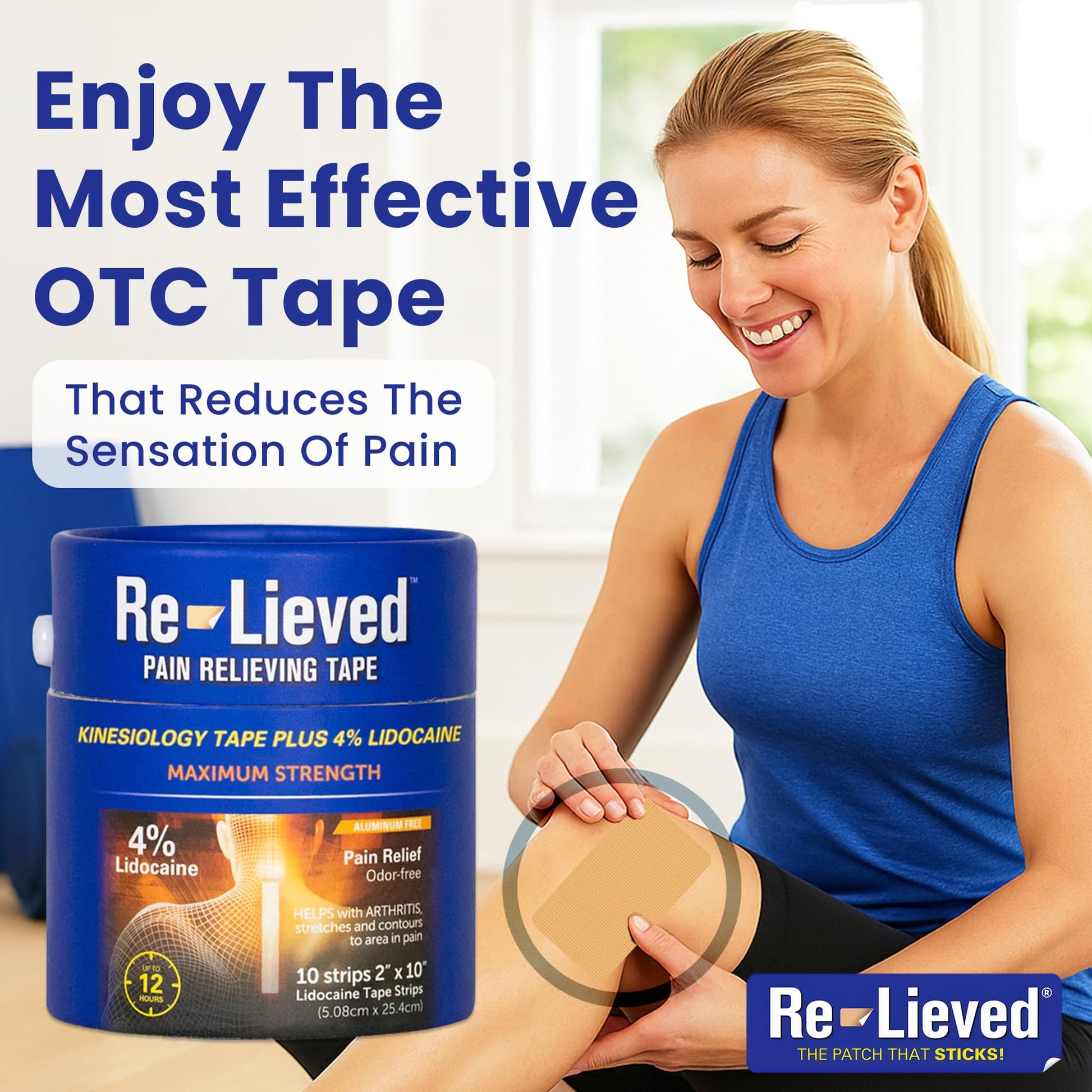 4% Lidocaine Maximum Strength Pain Relief Kinesiology Tape - Relieves Back, Joints and Muscle Pains - Superior Sticking, Aluminum-Free Water Resistant, and USA Made - 2" x 10" Strips Re-lievedAu supplements