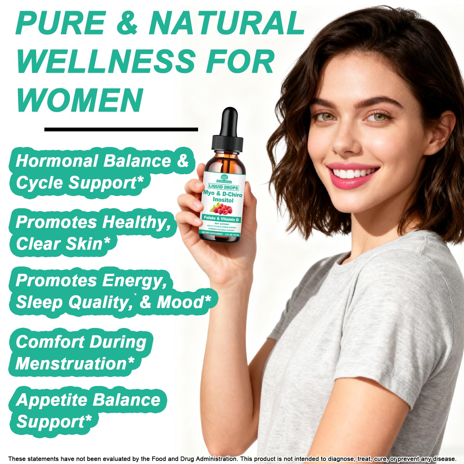 Myo Inositol & D-Chiro Inositol Supplement Liquid for Women- Ideal 40:1 Ratio Inositol Drops with MTHF Folate, Magnesium, Vitamin D, Supports Hormone Balance, Regular Cycles & Ovarian Health丨Vegan WellVeraVidaAu supplements
