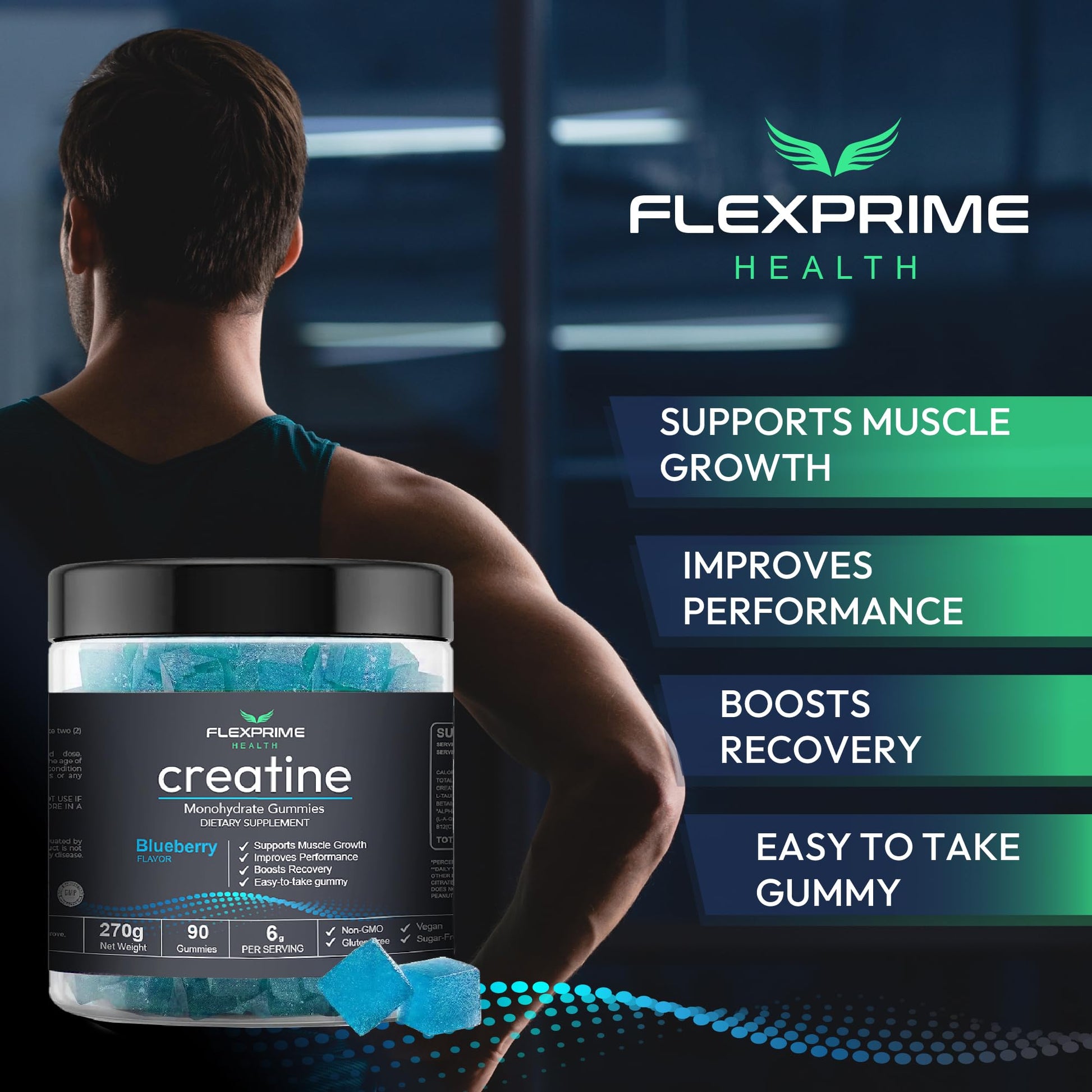 FlexPrime Creatine Gummies Sugar Free - 6g Creatine Monohydrate + L-Taurine, Alpha GPC, Betaine | Vegan Halal Blueberry Chews for Lean Muscle, Strength, Brain Health | Men Women 90 Count FlexPrimeAu supplements