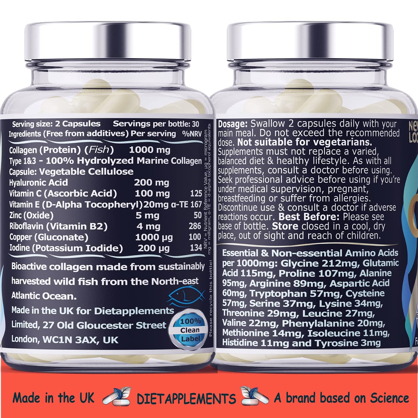 Marine Collagen Type 1&3 1000mg, Hyaluronic Acid 200mg/serving; Vitamin C, Zinc, Copper for Immune System DietapplementsUS supplements