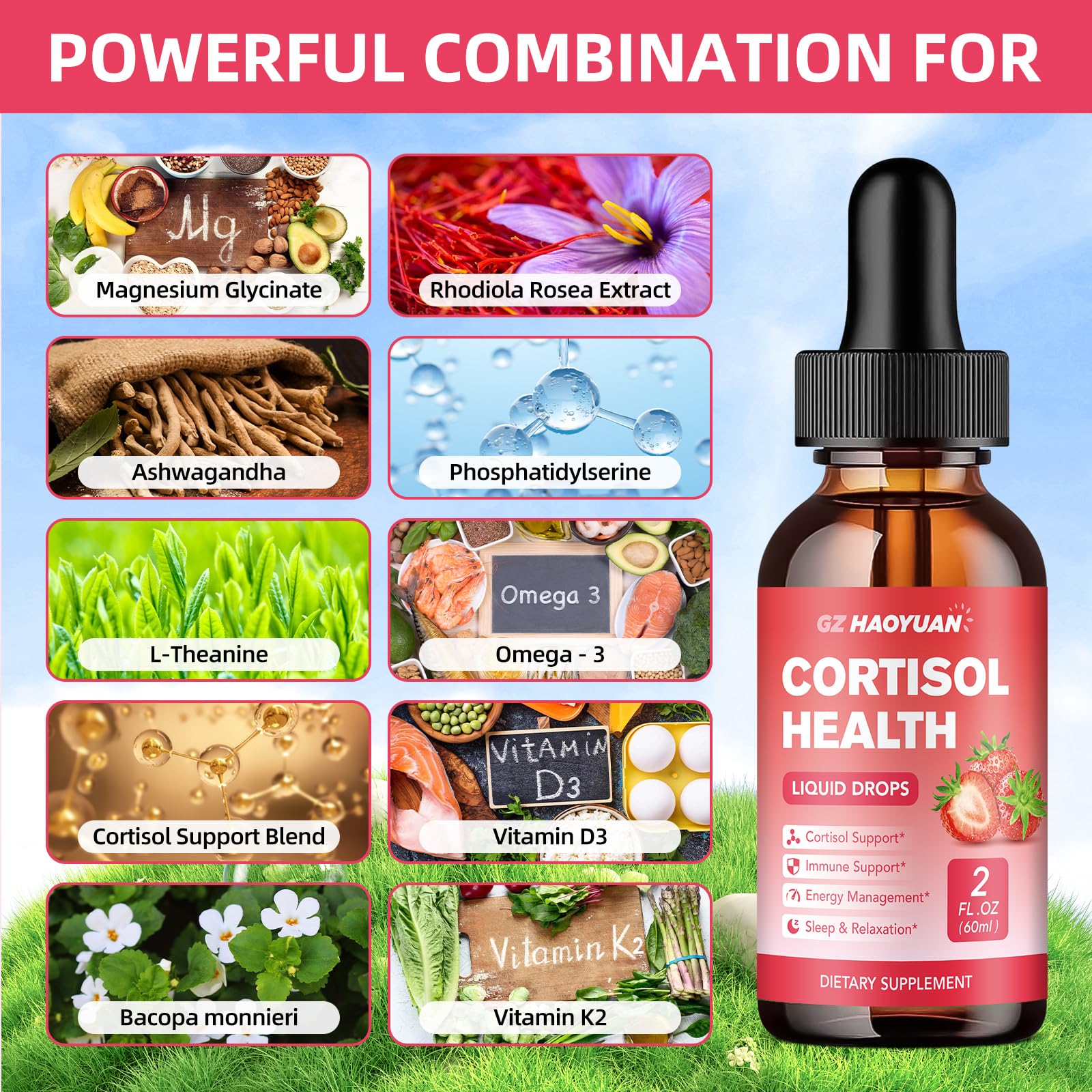 GZ HAOYUAN Cortisol Supplement Liquid Drops for Women and Men with Magnesium, Ashwagandha, L-theanine, Phosphatidylserine for Lower Cortisol, Calm, Mood, Sleep Support - 2 FL.OZ, Strawberry GZ HAOYUANAu supplements