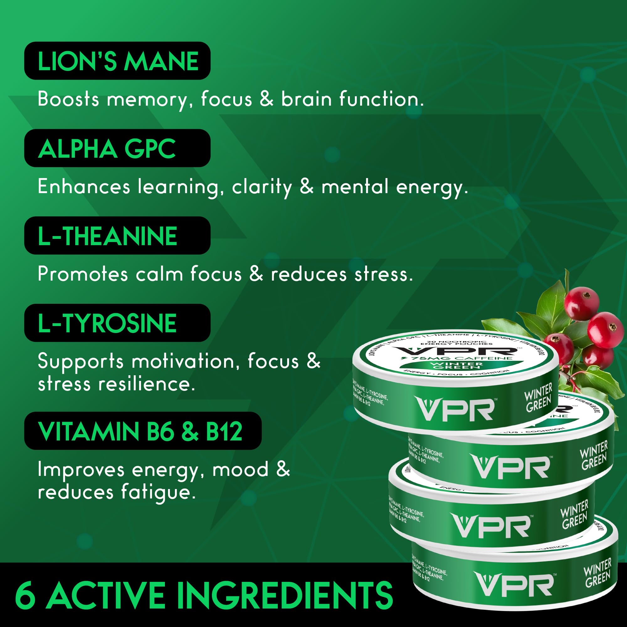 VPR 75MG Caffeine Nootropic Pouches | 20 Count Energy Pouches with Lion's Mane, Alpha-GPC, Vitamin B6 & B12, L-Theanine, and L-Tyrosine | Naturally Flavored Focus Pouches with No Sugar (Variety Pack) VPR EnergyAu supplements