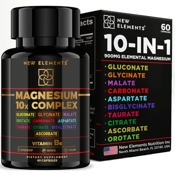 Magnesium 10X Complex – 900mg Elemental Magnesium | Glycinate, Gluconate, Malate, Orotate, Carbonate, Asparate, Taurate, Citrate, Bisglycinate, Ascorbate + Vitamin B6 for Superior Absorption New ElementsAu supplements