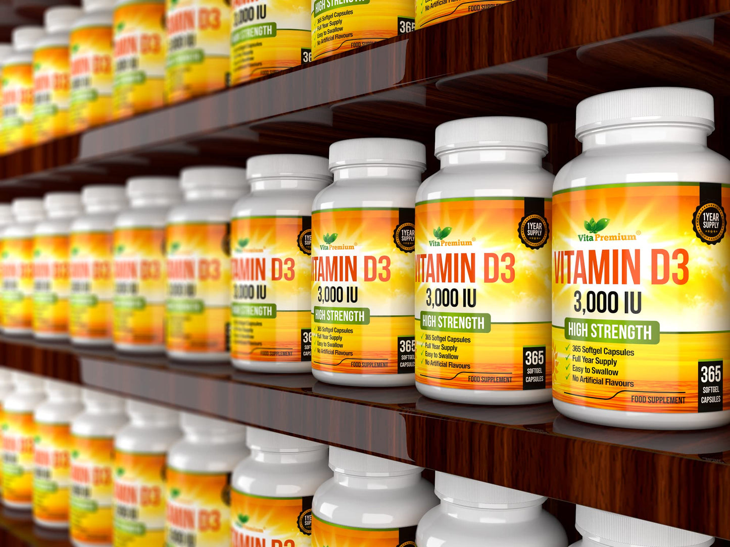 Vitamin D 3,000 IU, High Strength Vitamin D3 Supplement, 365 Easy to Swallow Softgels Vita PremiumUS supplements