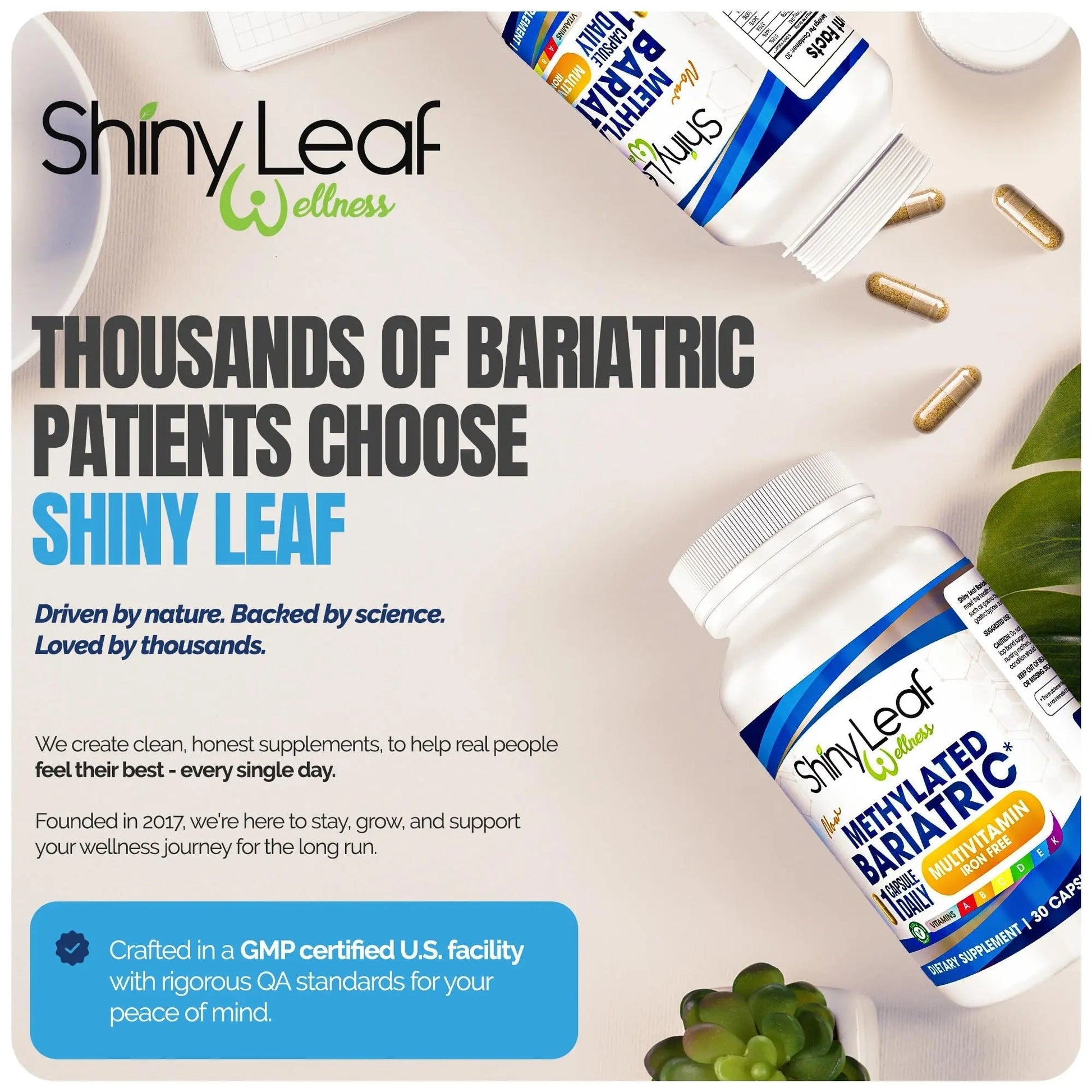 Shiny Leaf Methylated Bariatric Multivitamin Without Iron – Vitamins for Gastric Bypass & Sleeve, 1 Daily Capsule W Methylated Folate Shiny LeafAu supplements