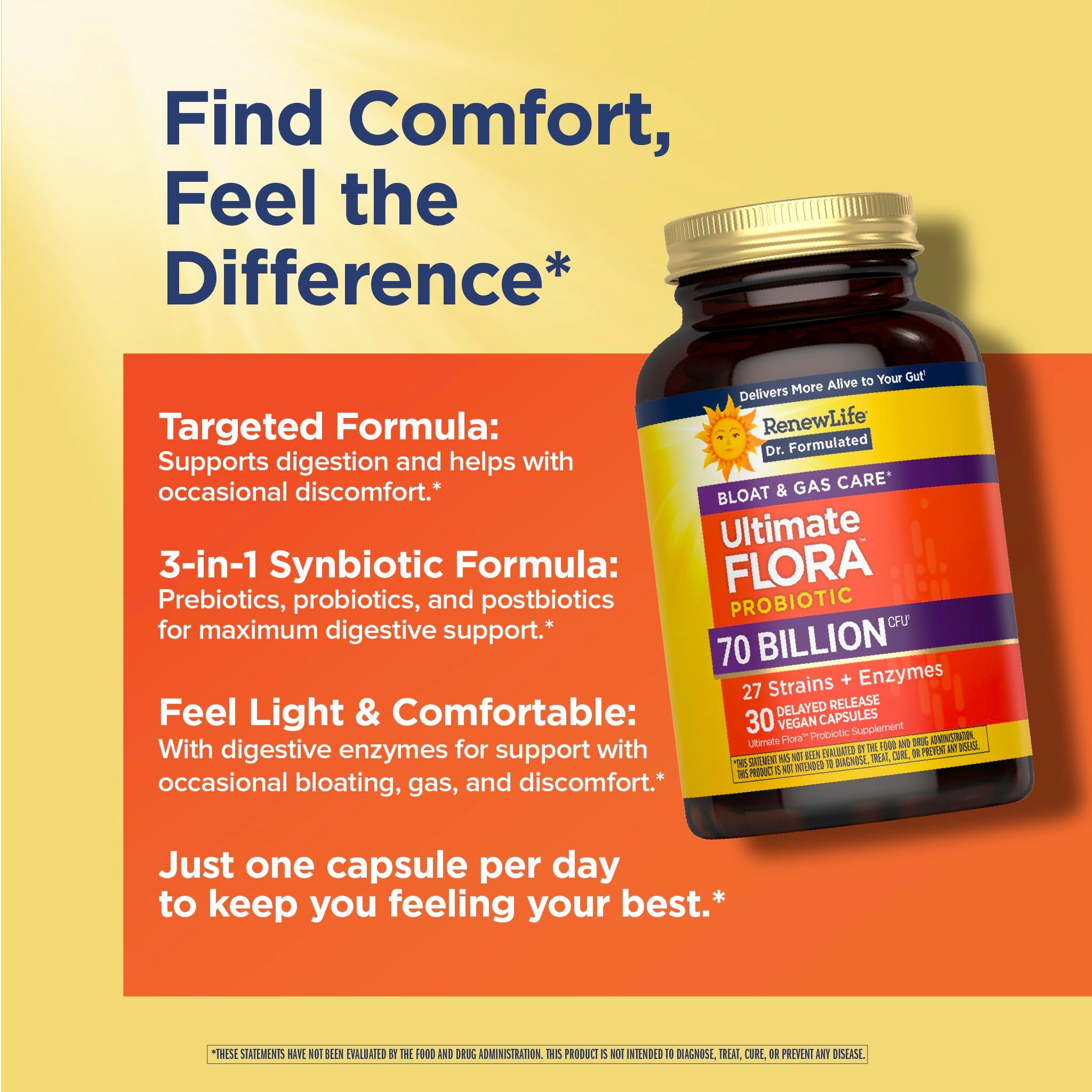 Renew Life Ultimate Flora Probiotics Bloat & Gas Support 70 Billion CFU Delayed Release Vegan Capsules | Doctor Formulated | Digestive Health | Immune Health | Dairy Free | 30 Count Renew LifeAu supplements