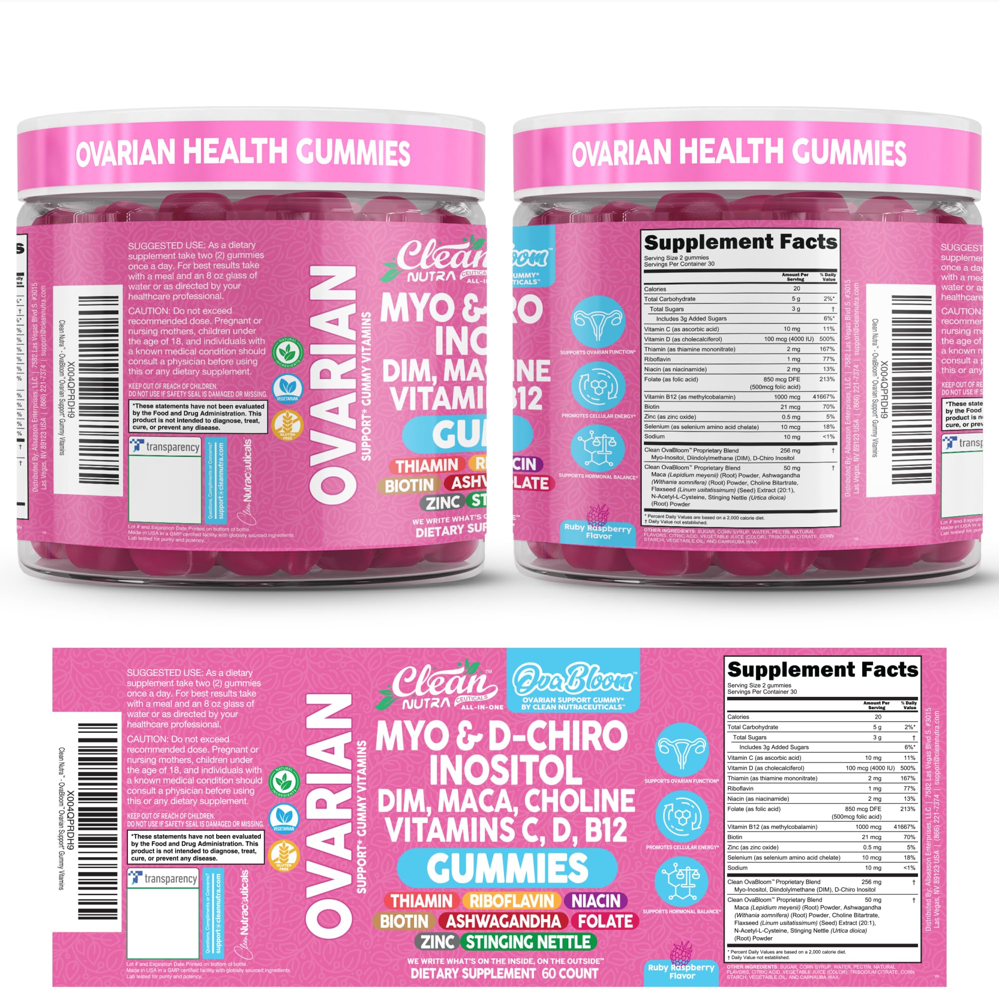 OVA Bloom Ovarian Support Gummies Myo Inositol D-Chiro Inositol Choline Flax Biotin Riboflavin Thiamin Niacin Ashwagandha DIM Maca Root Vitamin C D3 B12 Zinc 60 Count By Clean Nutra Clean NutraceuticalsAu supplements