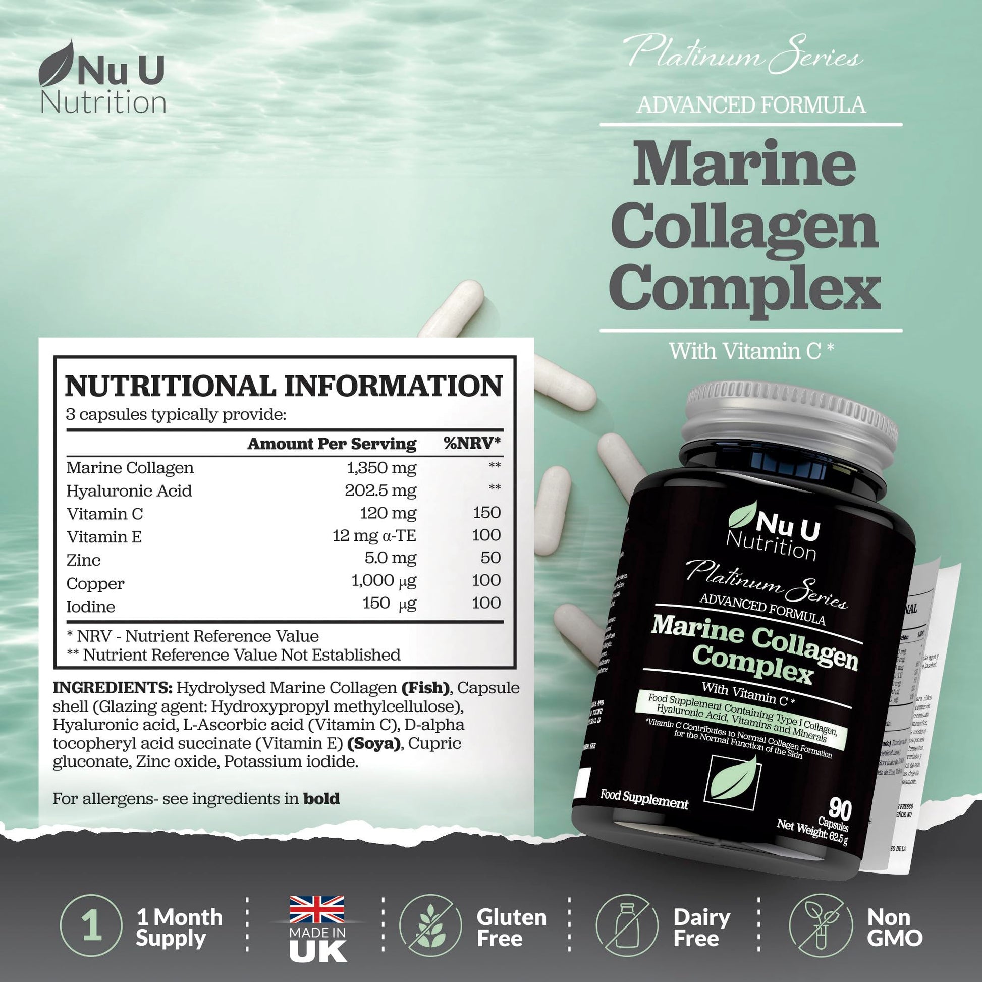 Marine Collagen with Hyaluronic Acid, Vitamin C - 90 Hydrolysed Capsules (not Tablets Nu U NutritionAu supplements