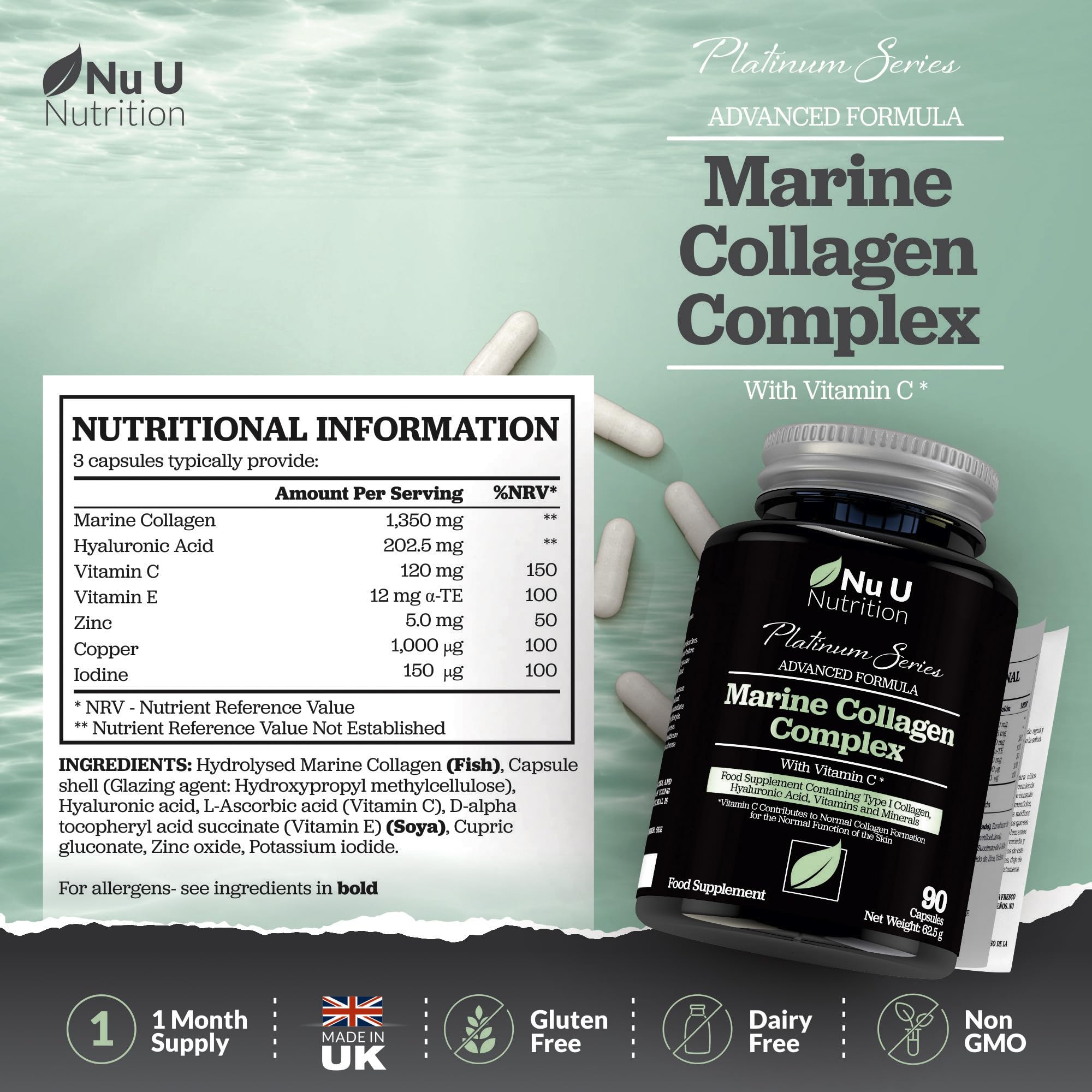 Marine Collagen with Hyaluronic Acid, Vitamin C - 90 Hydrolysed Capsules (not Tablets) - Premium High Strength Collagen Nu U NutritionAu supplements