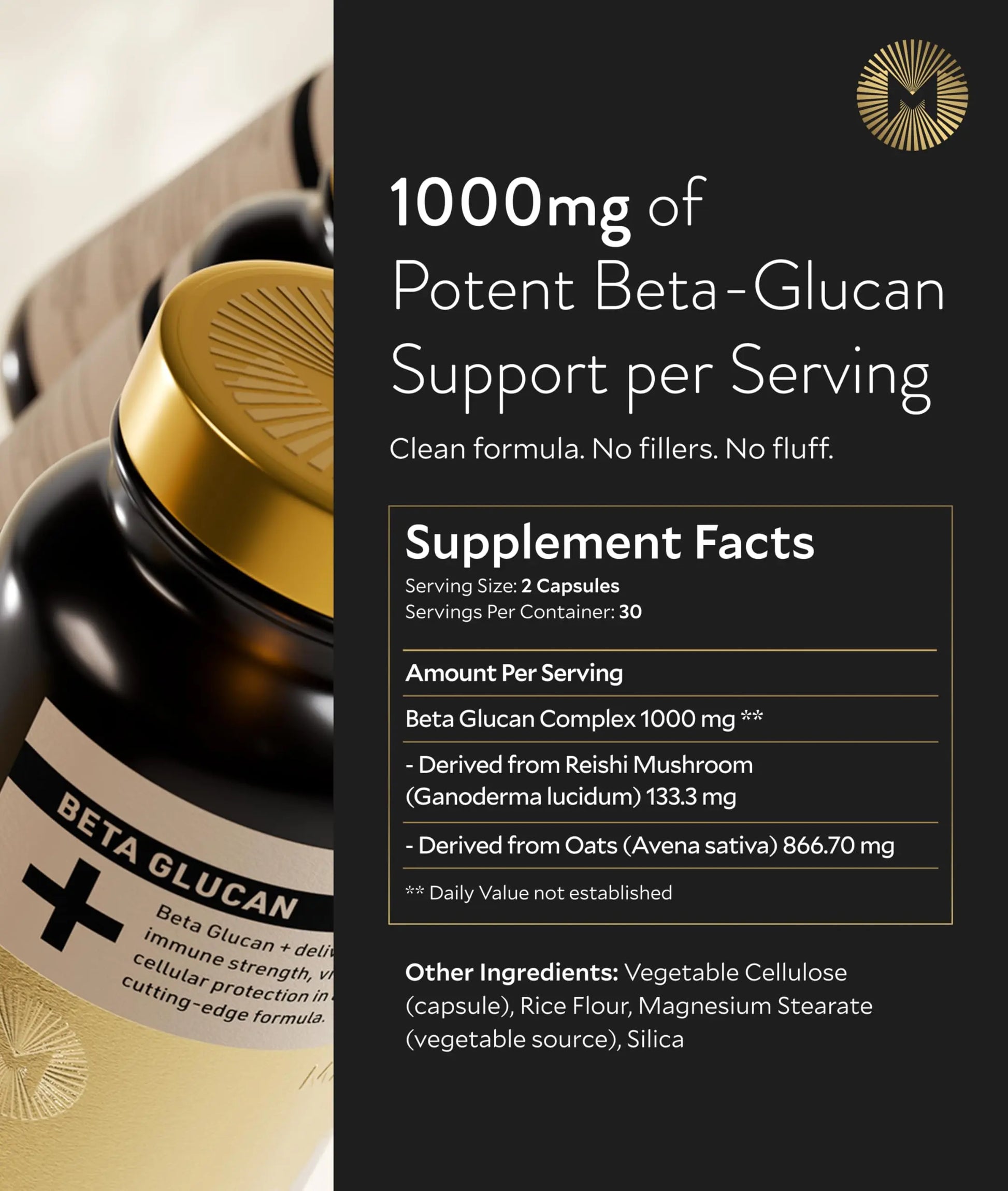 Manna Beta Glucan+ Capsules | 1000mg Beta Glucan Complex | Reishi Mushroom & Oats | Supplement for Immune Support, Heart Health, Cellular Renewal & Antioxidant Protection | 60 Count M Mannanz supplements