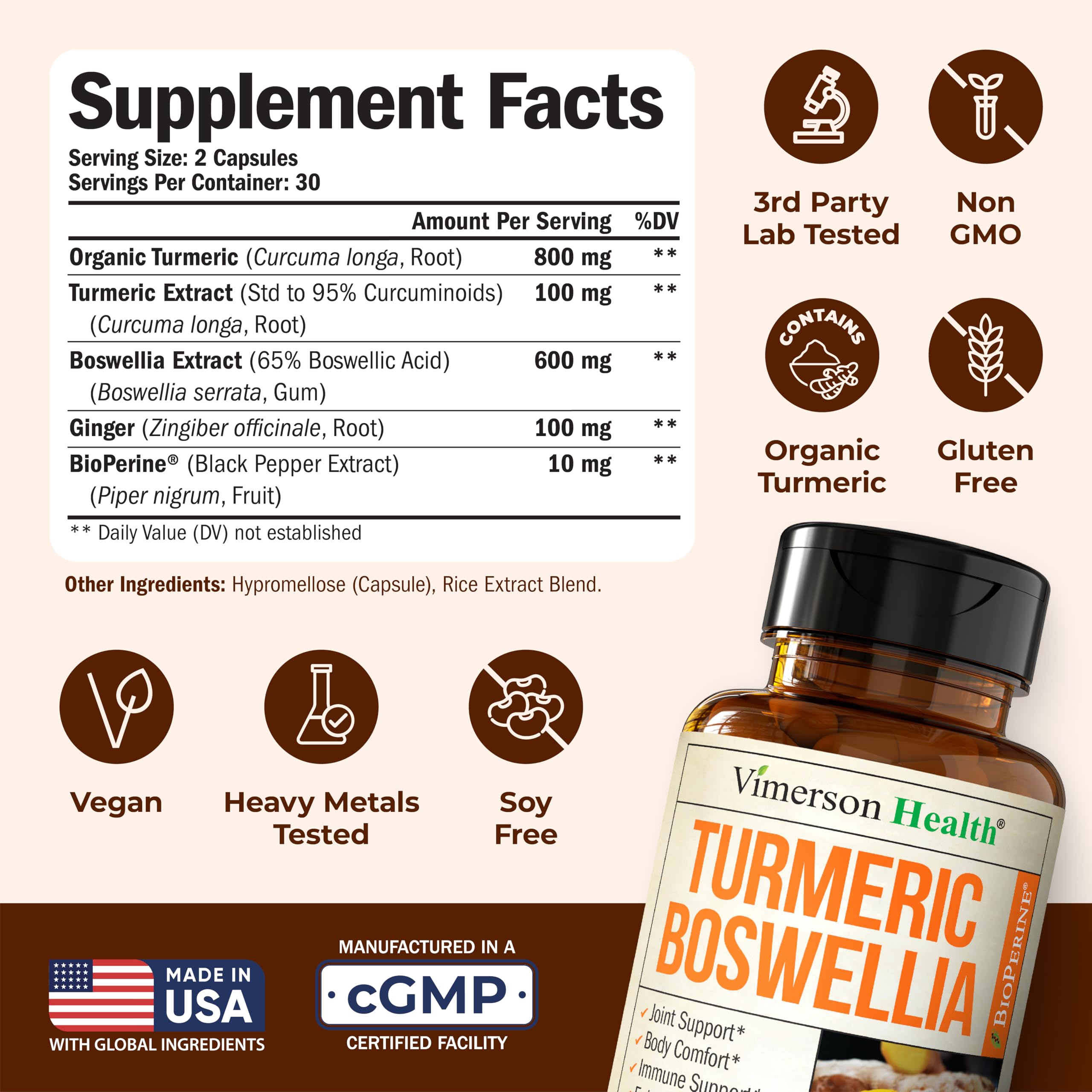 Turmeric Supplement w/Boswellia Serrata – Daily Support for Joint Health & Comfort – Organic Turmeric Curcumin Powder, Bioperine for Enhanced Absorption & Ginger Root – 60 Boswellia Extract Capsules Vimerson HealthAu supplements