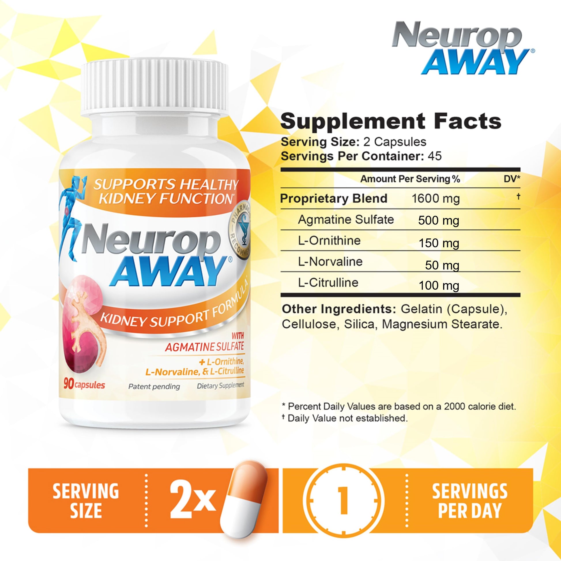 NeuropAWAY Kidney Support Formula Sugar Free with Agmatine Sulfate 500mg L-Novaline 50mg L-Ornithine 150mg L-Citrulline 100mg Per Capsule 90CT Fast Acting Kidney Support NeuropAWAYAu supplements