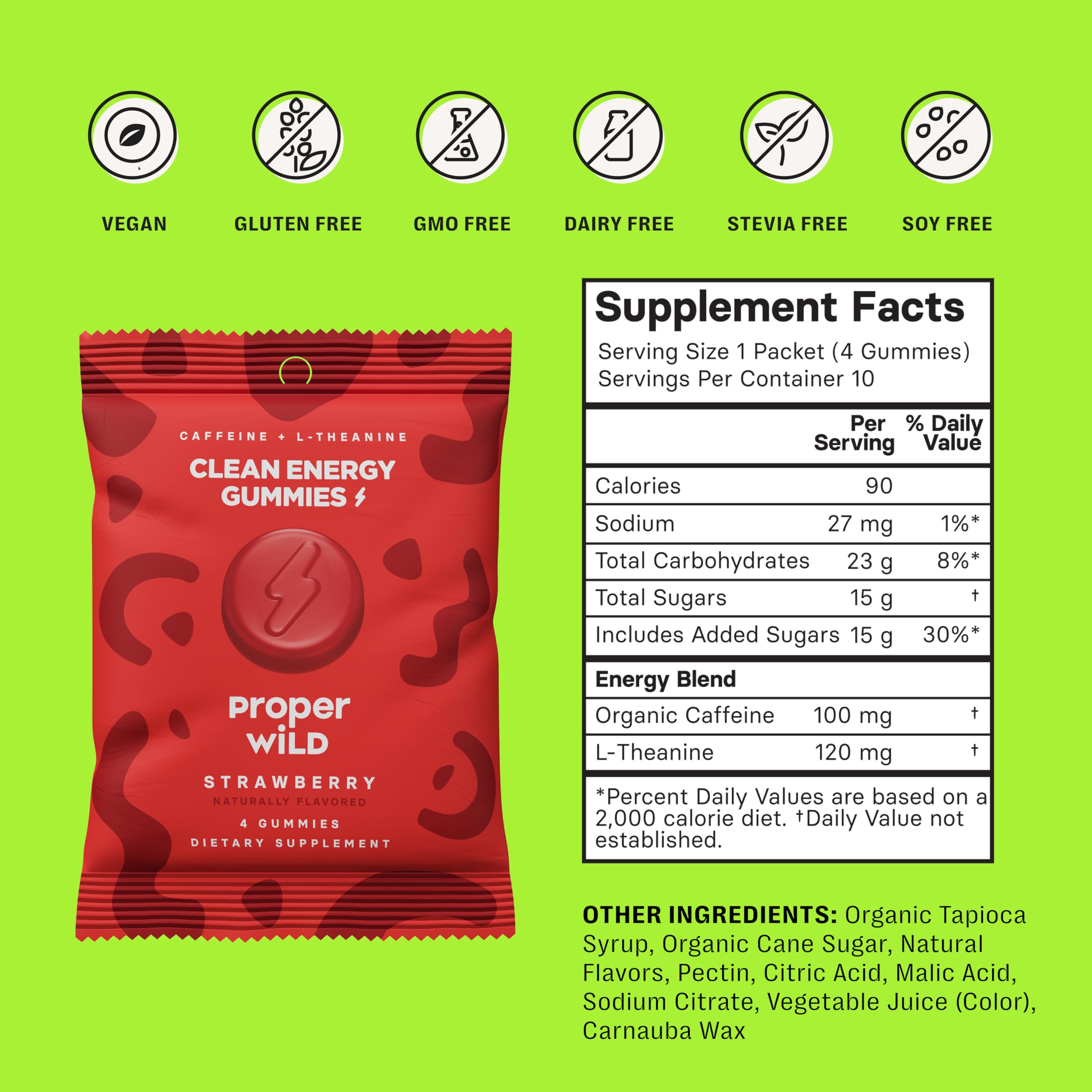 Proper Wild Energy Chews & Gummies for Focus & Clean Energy, Vegan with L-Theanine & Organic Caffeine, Plant-Based, Gluten-Free, Non-GMO, Strawberry (10-Pack) Proper WildAu supplements