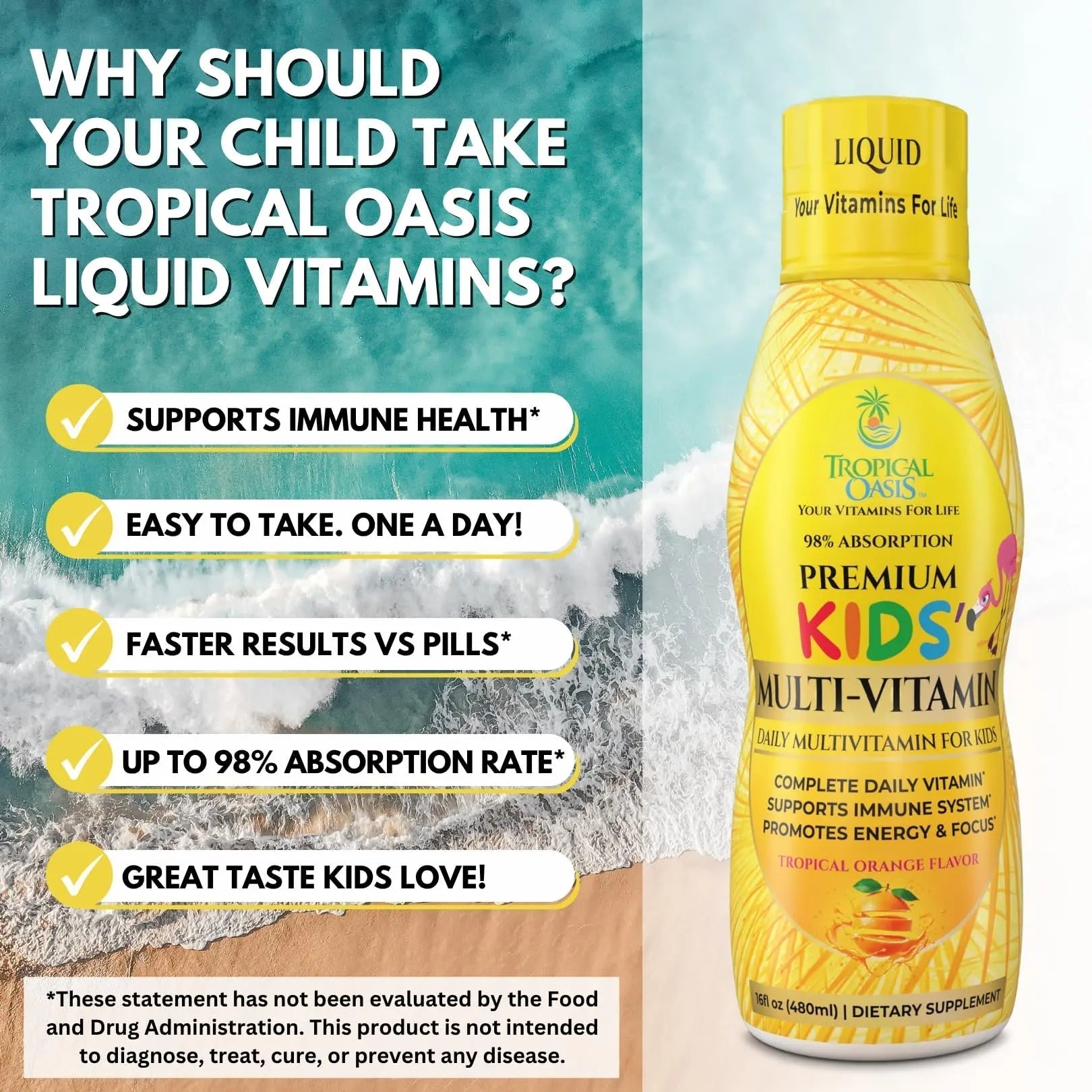 Premium Liquid Multivitamin For Kids | Sugar Free Kids Vitamins | 100% DV of 14 Vitamins for Kids | Multivitamin for Children Ages 4+ | Tropical OasisAu supplements