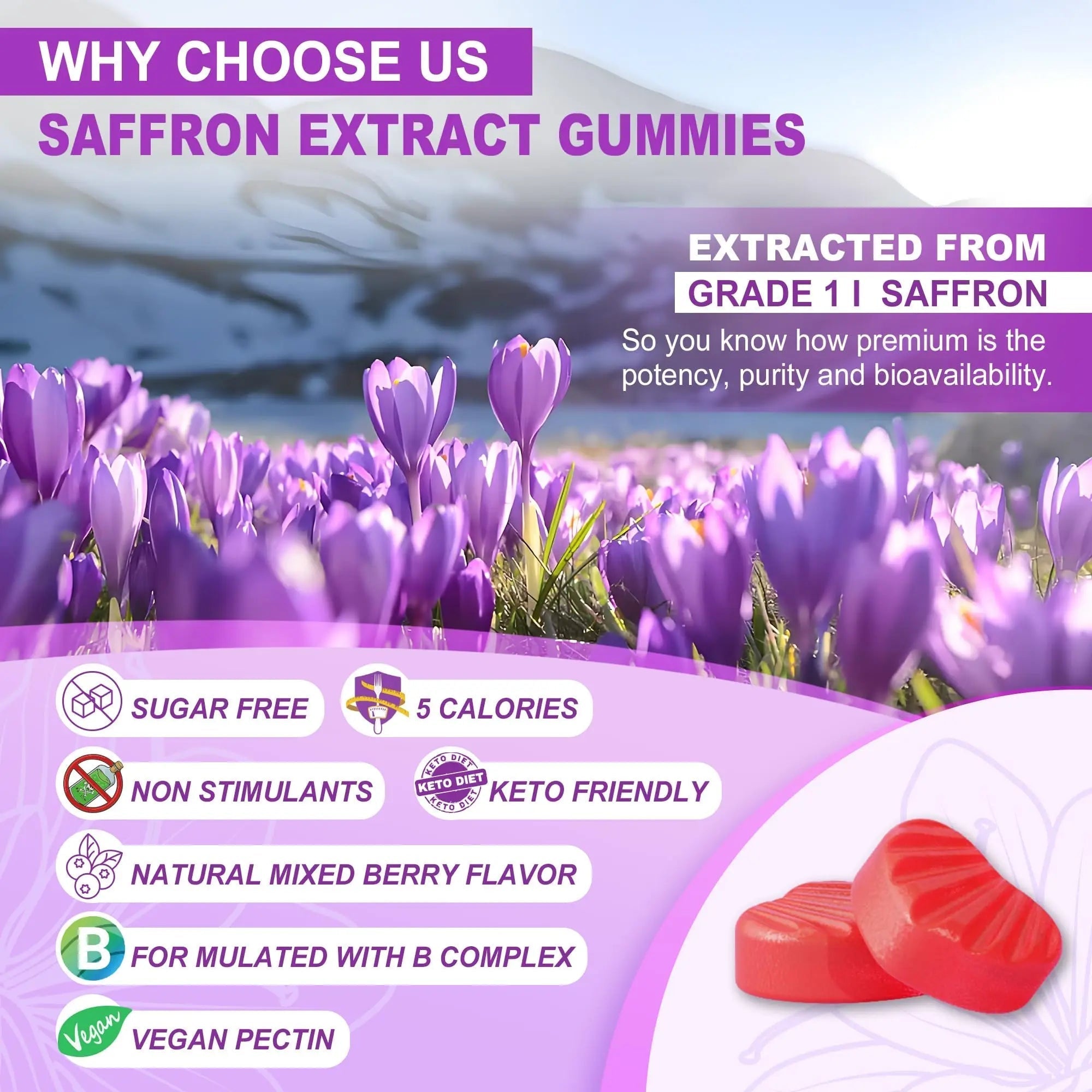 Saffron Supplements Gummies 100mg - 100% Pure Saffron Extract with Magnesium Glycinate, L-Theanine, Turmeric, Ashwagandha NEVISSAu supplements