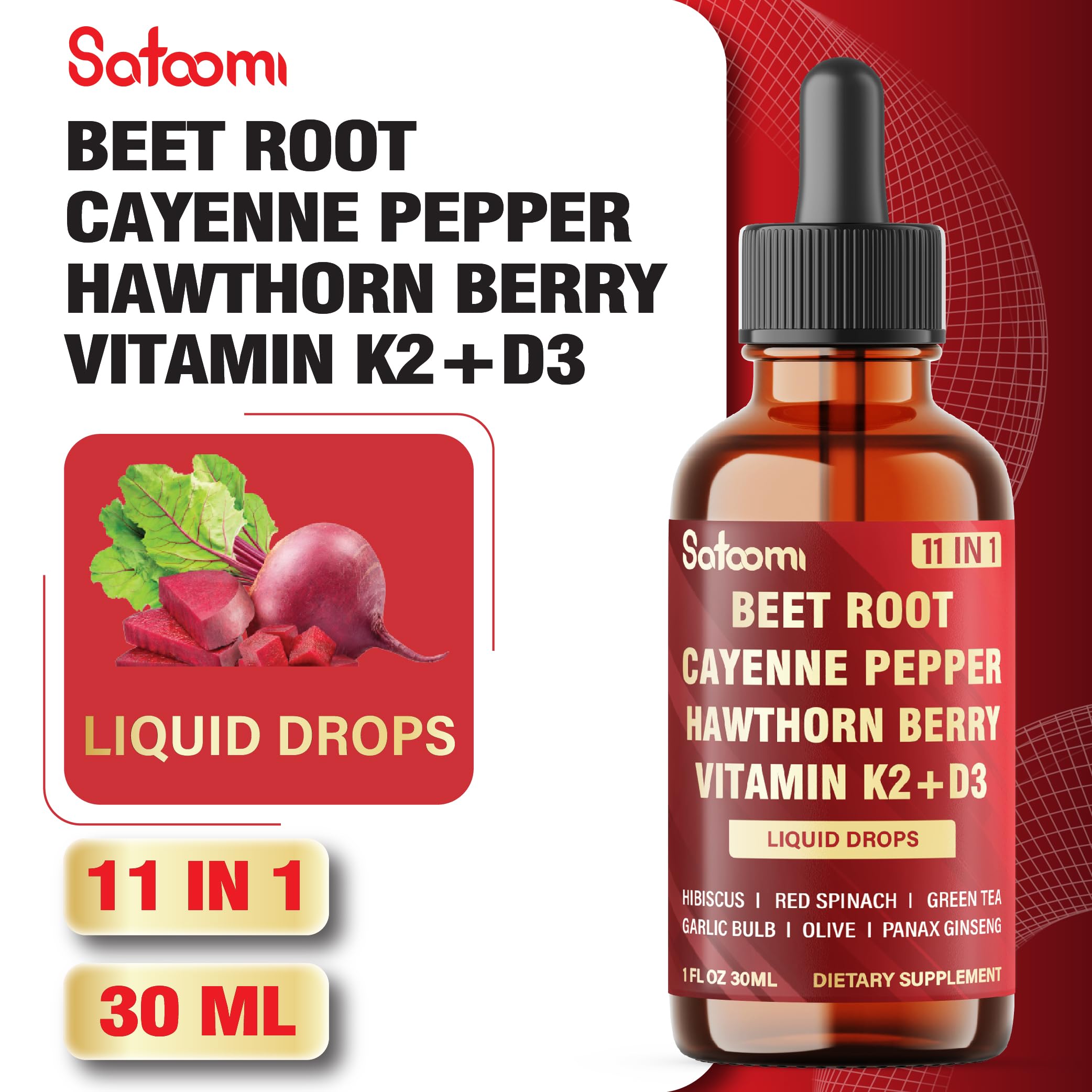 11in1 Beet Root Liquid Drops Supplement with Formula with D3, K2, Hawthorn, Red Spinach, Garlic & Green Tea and More - Supports Immune & Vitality - 1 FL Oz - for 60 Days SatoomiAu supplements