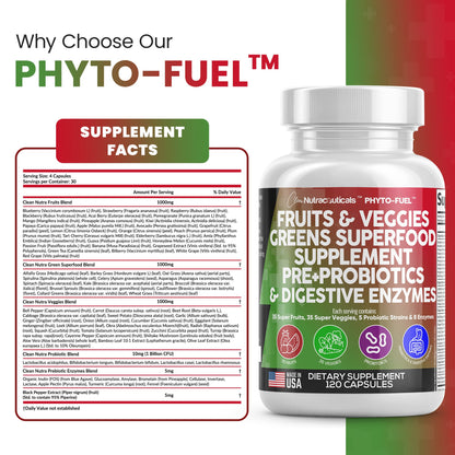 Clean Nutraceuticals Fruits and Veggies Supplement Reds & Green Superfood - Balance of Over 70 Fruit & Vegetable Supplements Capsules with Probiotics Prebiotics Clean NutraceuticalsUS supplements