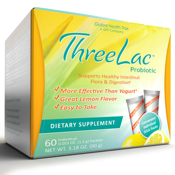 Global Health Trax GHT - ThreeLac Lemon Probiotic Drink Mix for Digestive Health - Advanced Probiotic Powder Formula for Men, Women & Kids - Immune Support & Gut Balance, Non-GMO - 60 Packets ght Global Health TraxAu supplements