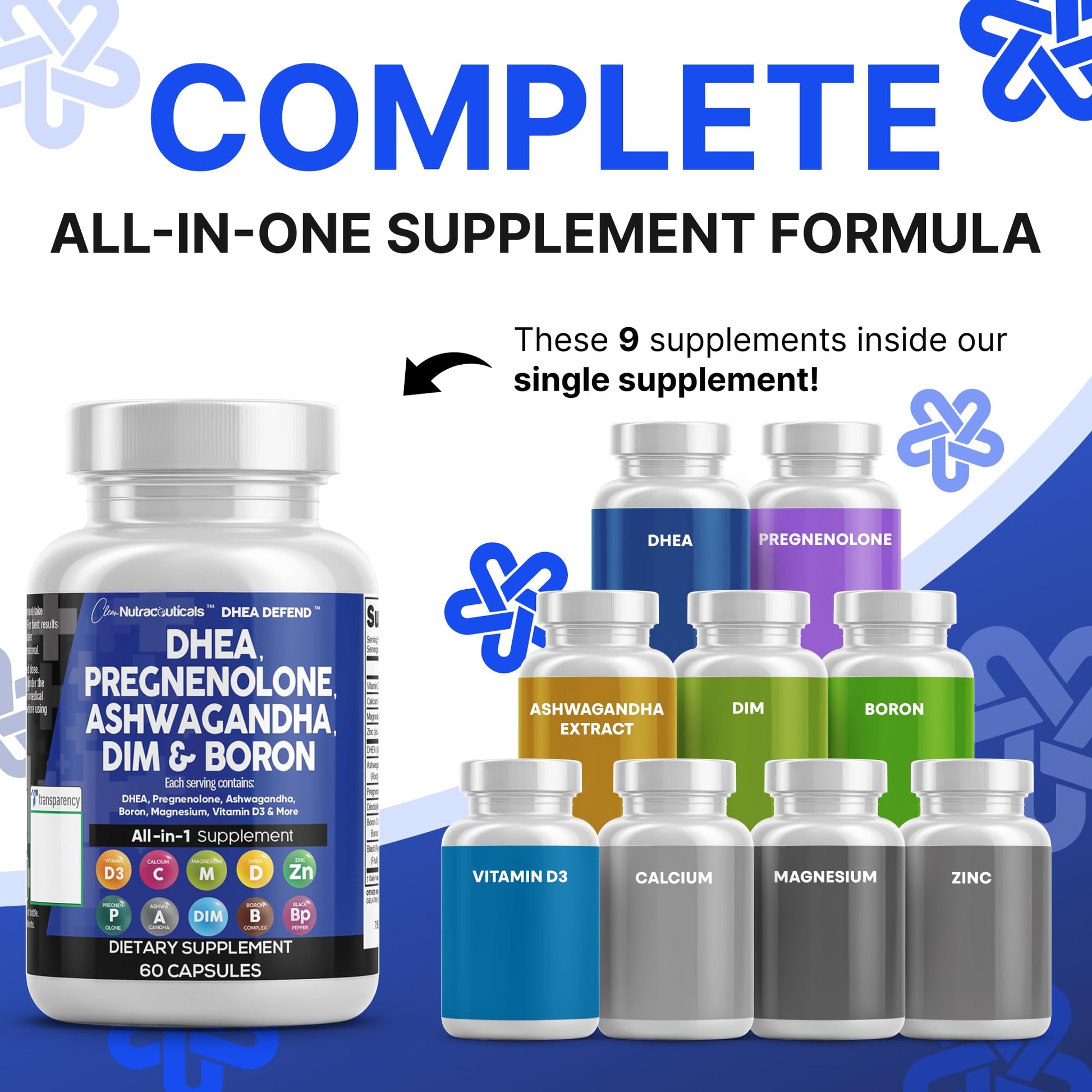 DHEA 200mg Supplement Pregnenolone 100mg for Men & Women with DIM Ashwagandha Boron 6mg Complex Calcium Magnesium Zinc 50mg Vitamin D3 5000 iu Hormone Support Capsules Pills - Made in USA 60 Ct Clean NutraceuticalsAu supplements