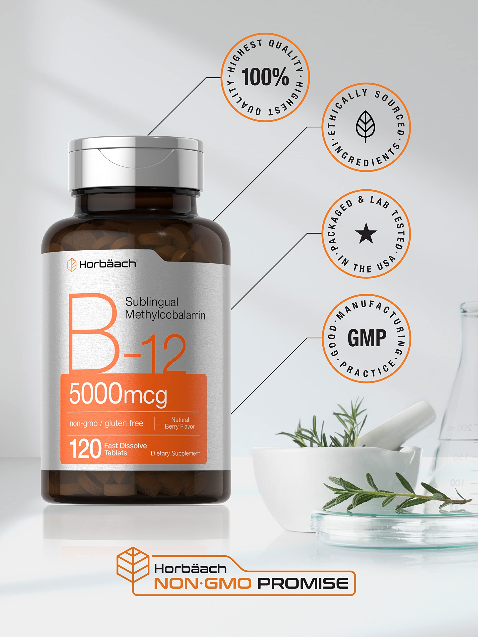 Horbäach B12 Sublingual Methylcobalamin | 5000mcg | 120 Fast Dissolve Tablets HorbäachUS supplements