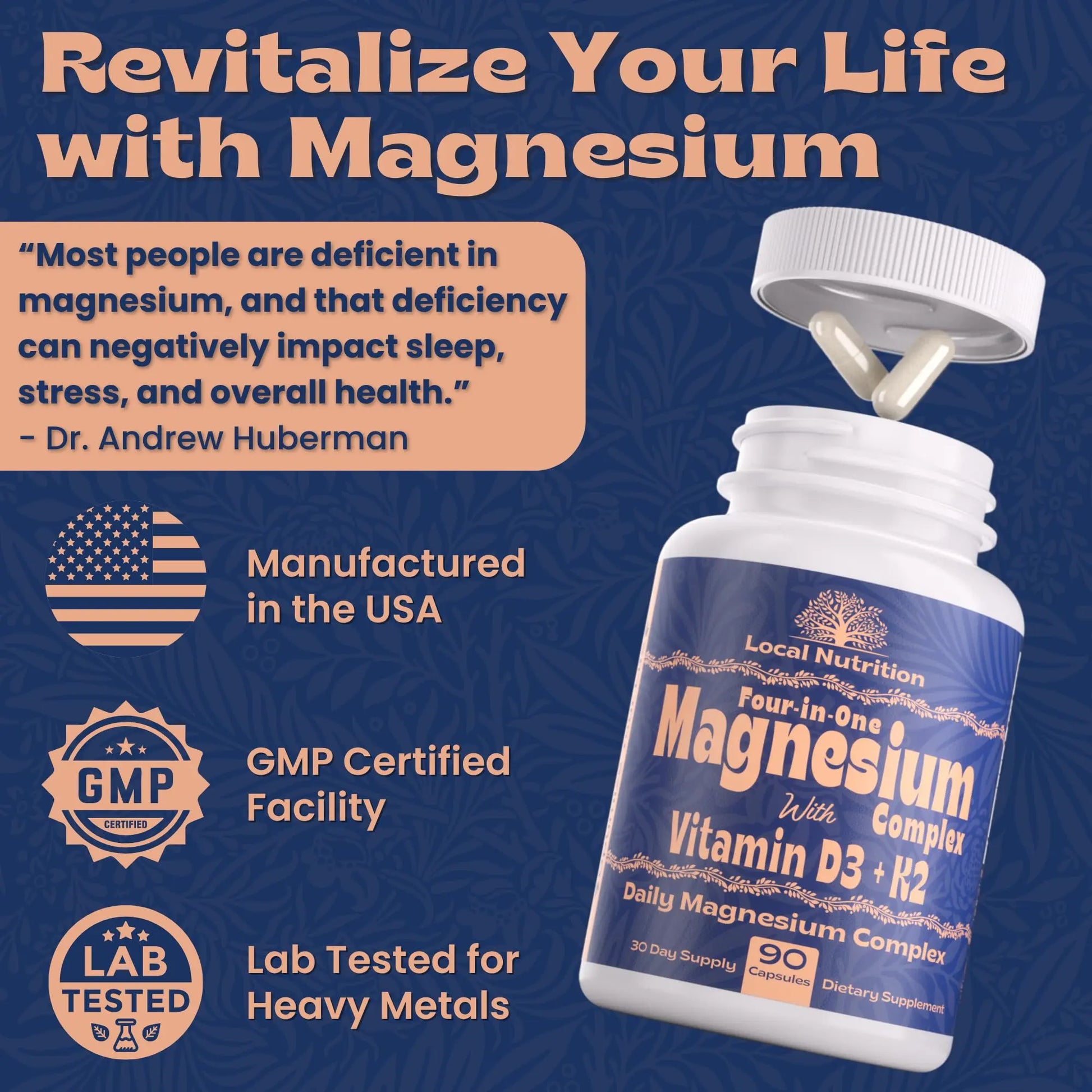 Local Nutrition Magnesium Complex 420mg with Vitamin D3 K2 - Four Bioavailable Forms Including Bisglycinate (Glycinate), Malate, Taurate, and Chloride for Superior Absorption - 90 Capsules Made in USA Local Nutritionnz supplements