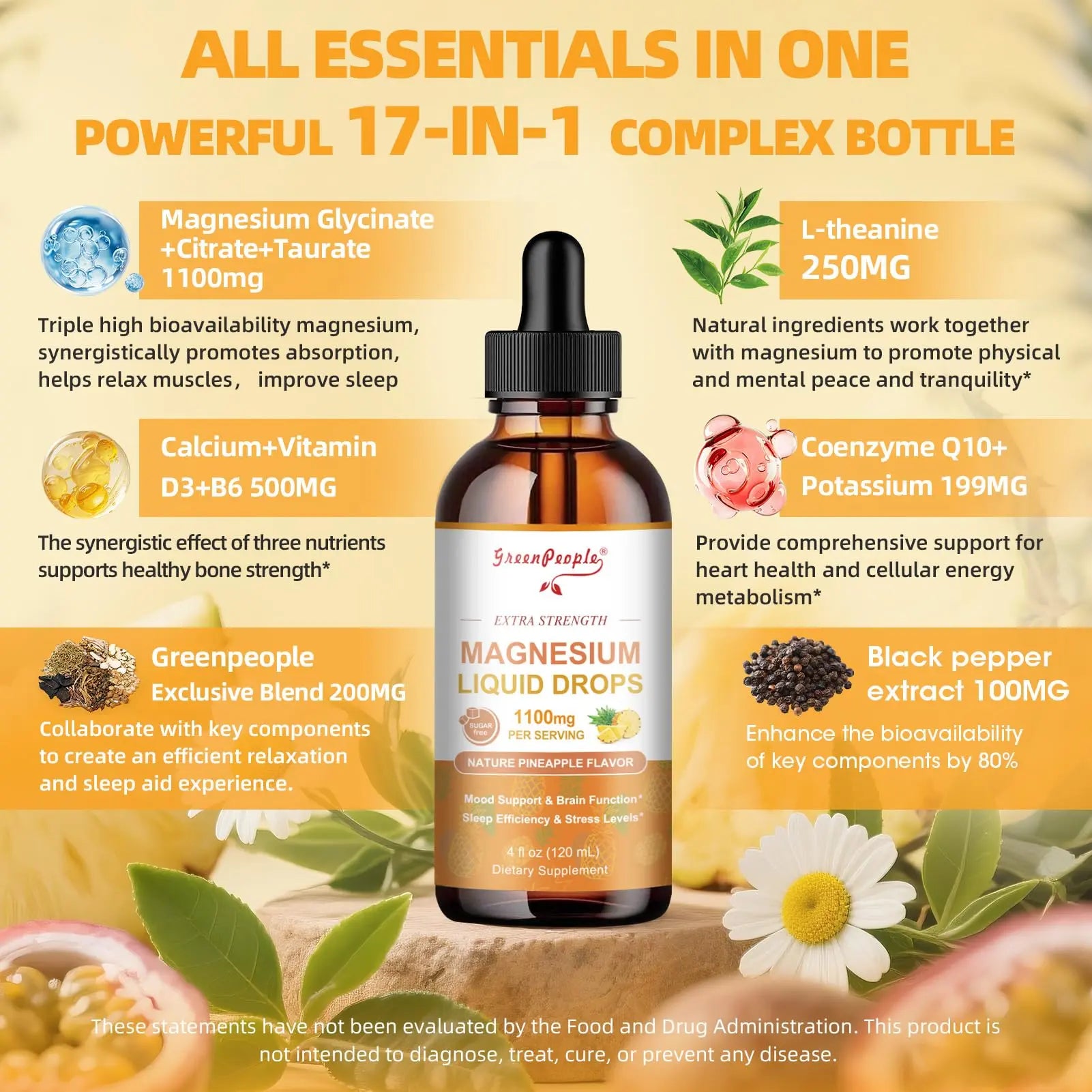 GREENPEOPLE 17-in-1 Triple Magnesium Complex Supplement,Magnesio Liquid Drops with Magnesium Glycinate & Citrate,Pineapple Flavor,Calm Mood,Muscle & Sleep for Adults,4 fl. oz 2Pack GREENPEOPLEnz supplements